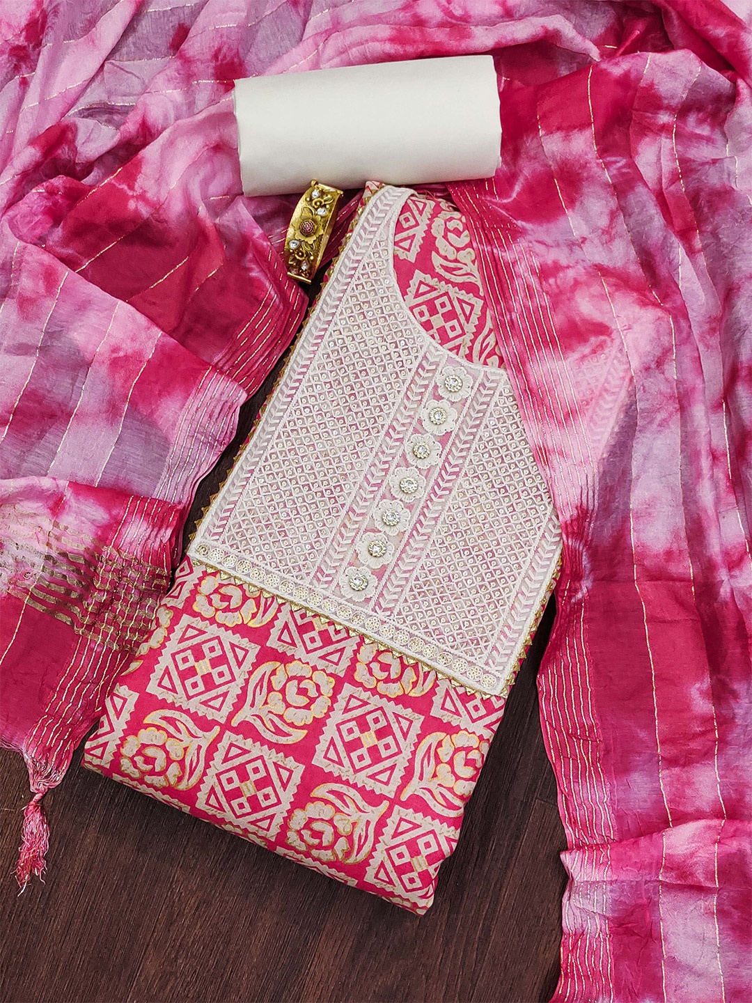 

KALINI Ethnic Motifs Embroidered Sequinned Unstitched Dress Material, Pink