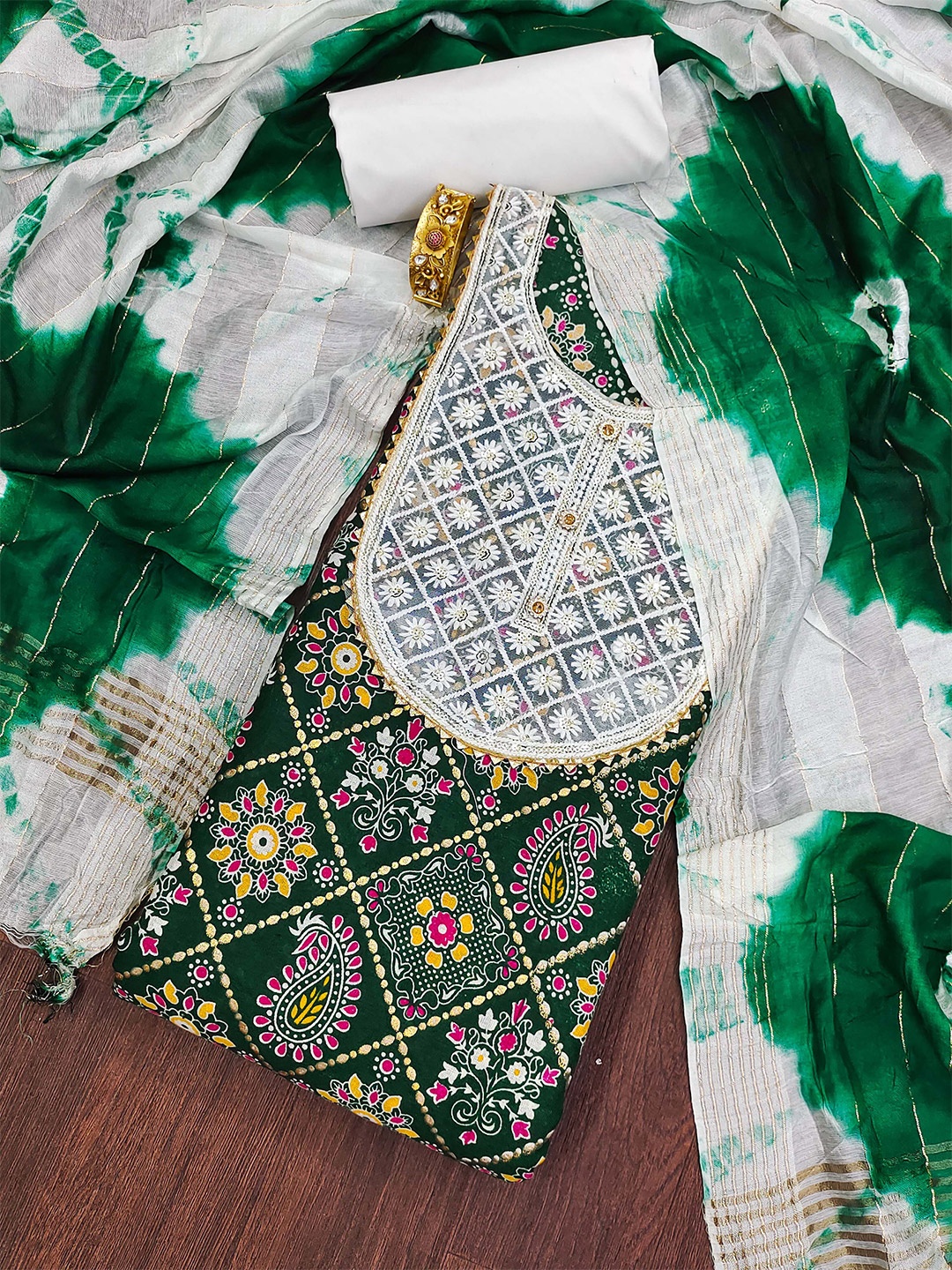 

KALINI Ethnic Motifs Printed Sequinned Unstitched Dress Material, Green