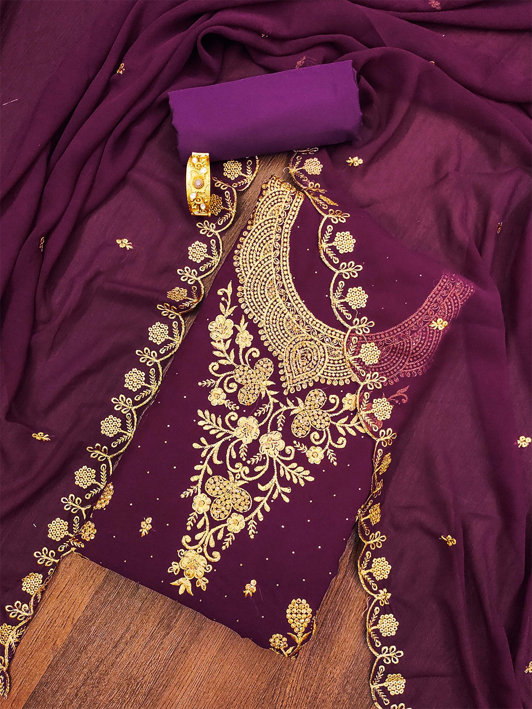 

KALINI Ethnic Motifs Embroidered Zari Silk Georgette Unstitched Dress Material, Purple