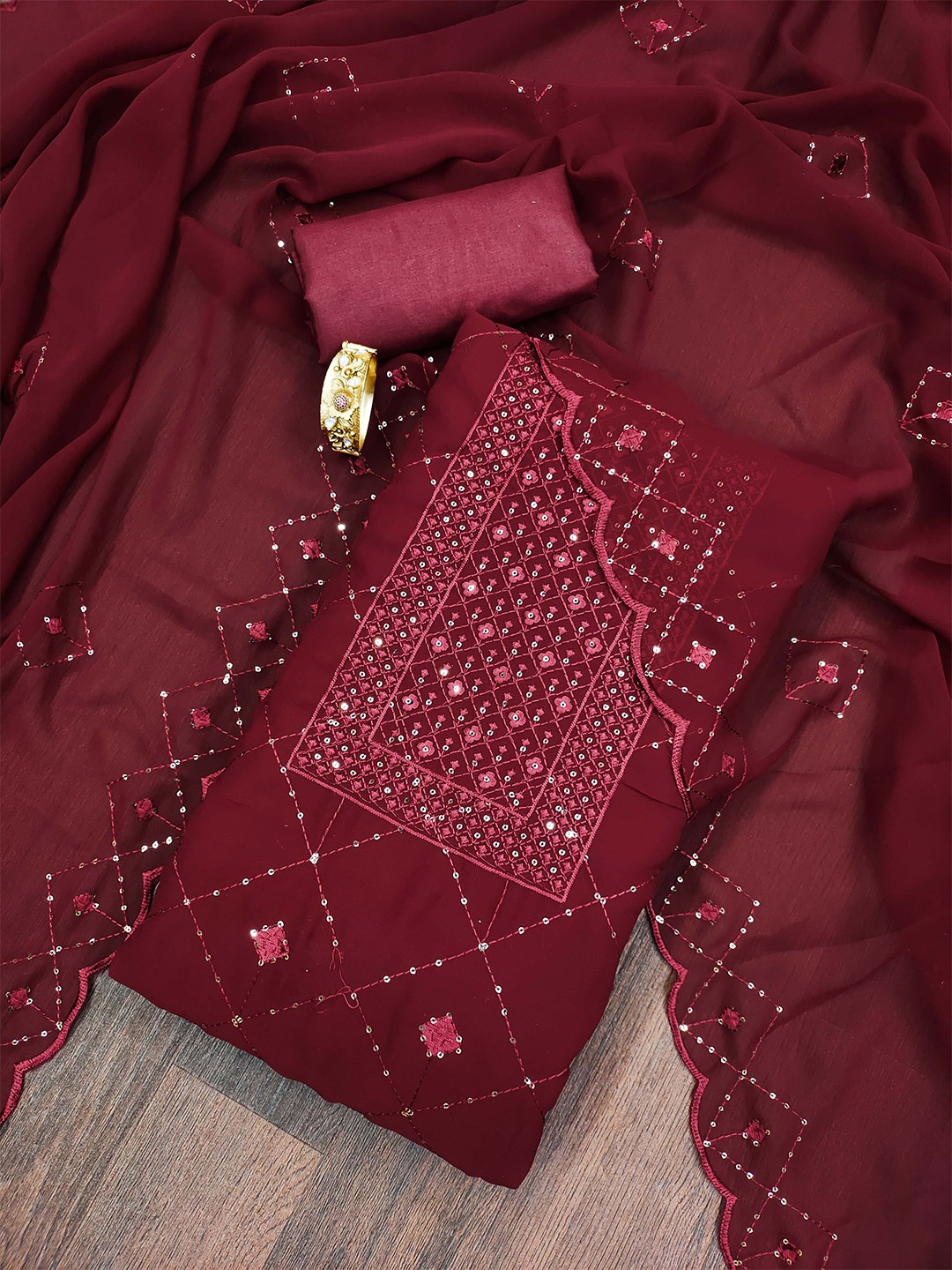 

KALINI Ethnic Motifs Embroidered Sequinned Silk Georgette Unstitched Dress Material, Maroon