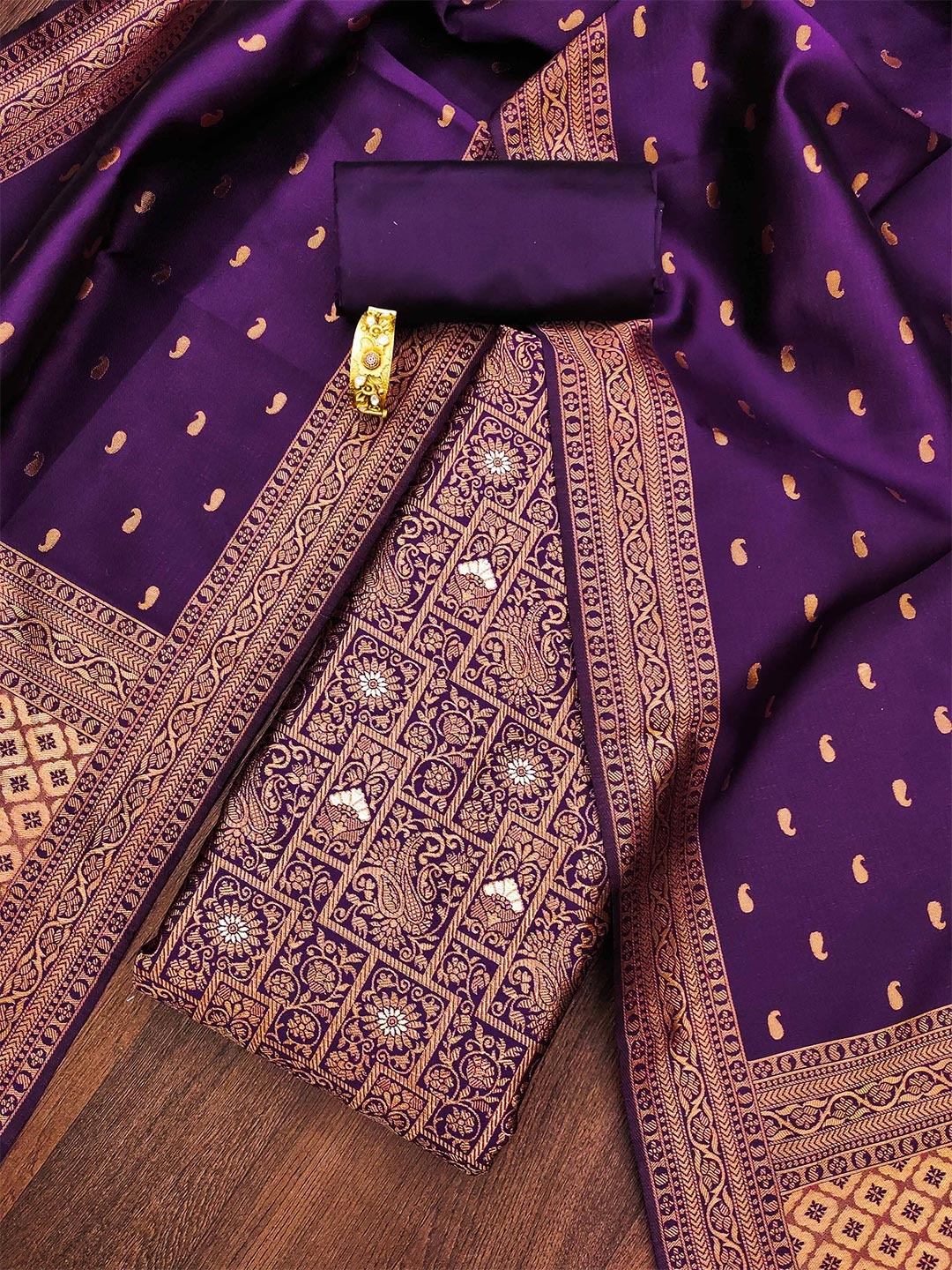 

KALINI Ethnic Motifs Woven Design Zari Unstitched Dress Material, Purple