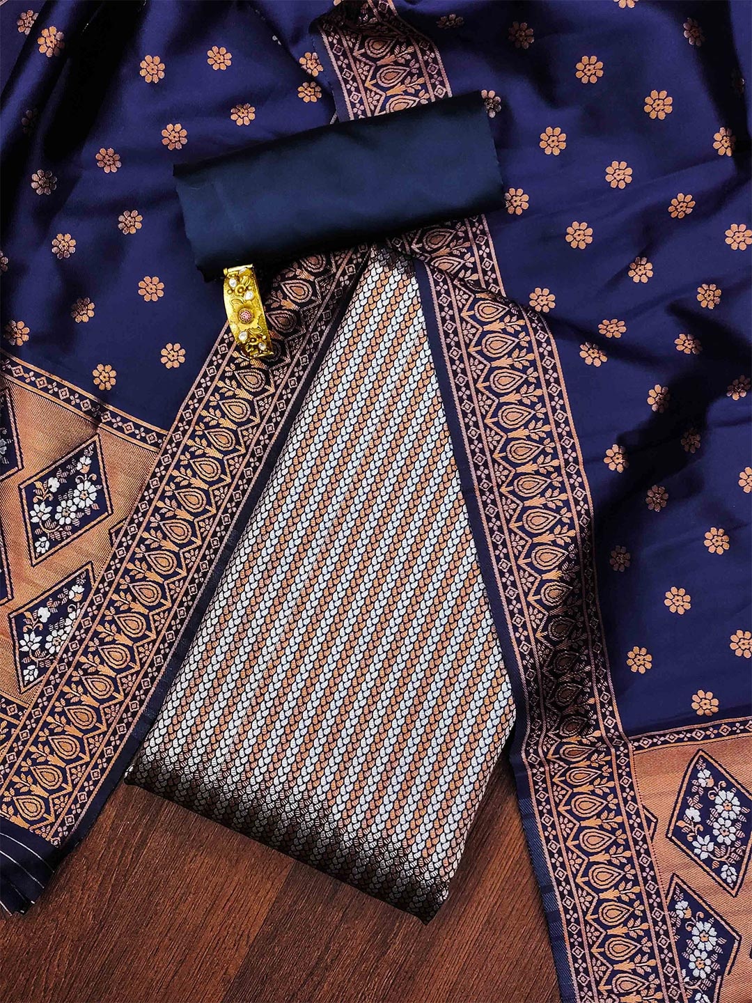 

KALINI Ethnic Motifs Woven Design Zari Unstitched Dress Material, Navy blue