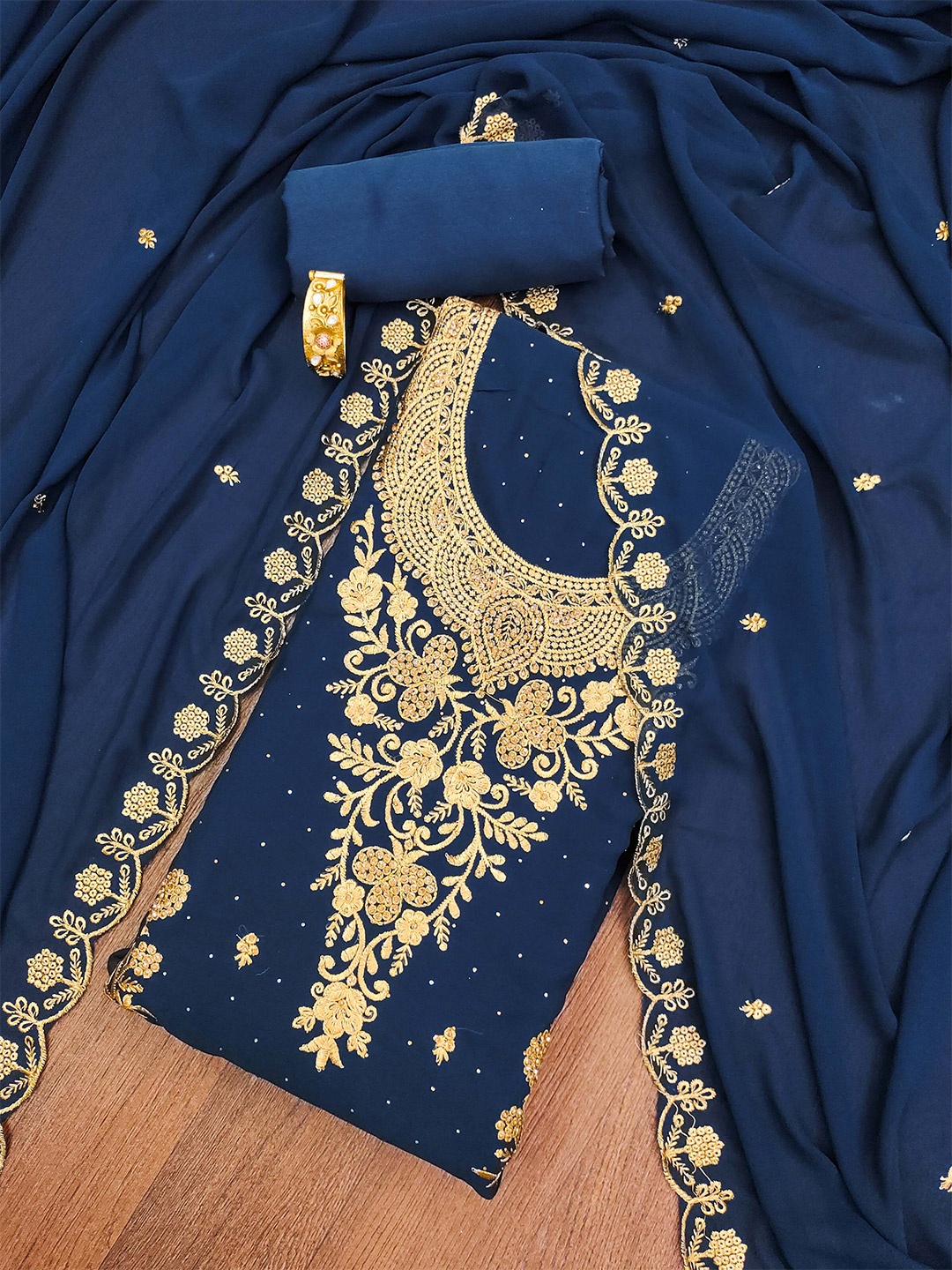 

KALINI Ethnic Motifs Embroidered Zari Silk Georgette Unstitched Dress Material, Blue