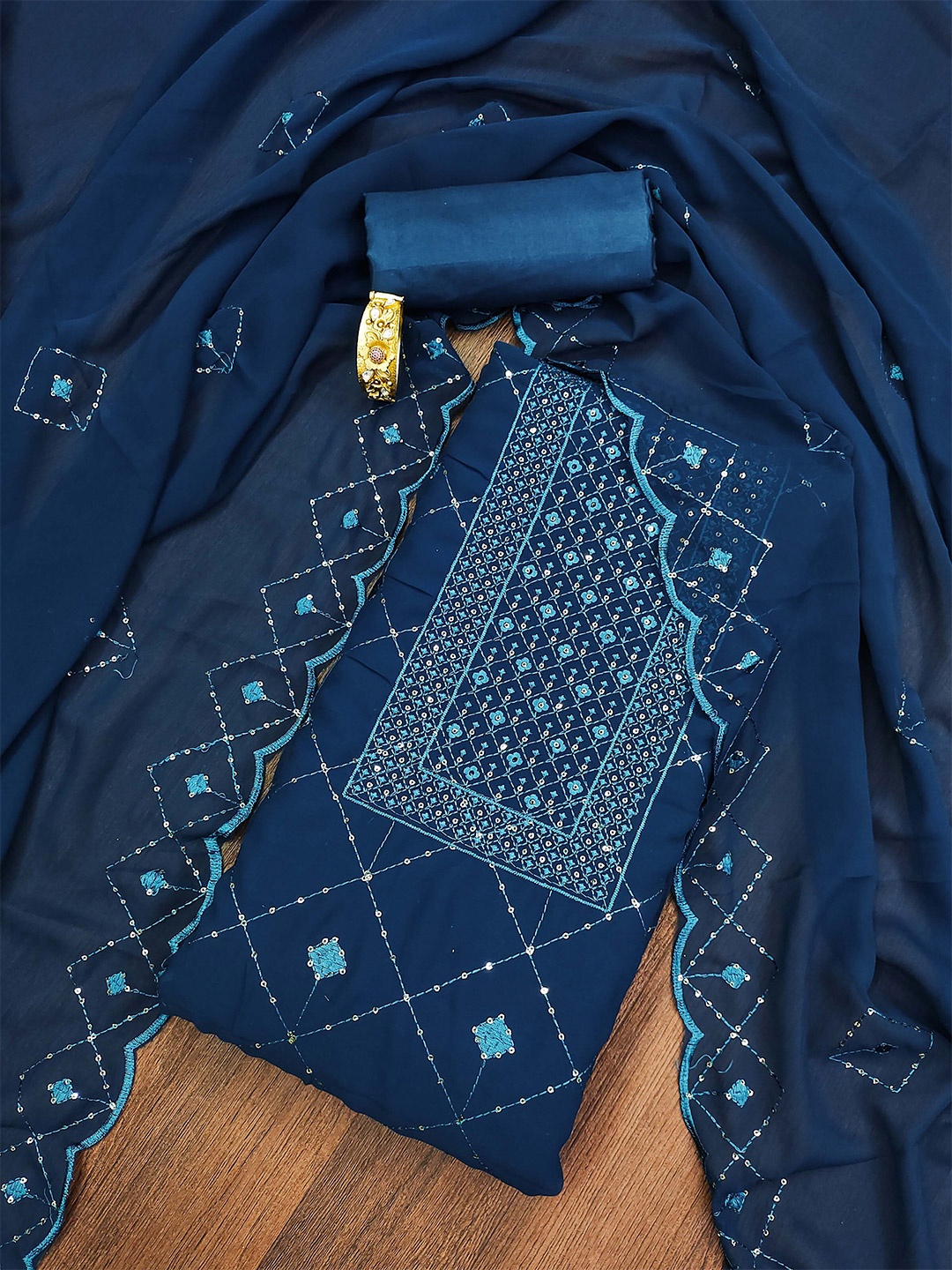 

KALINI Ethnic Motifs Embroidered Sequinned Silk Georgette Unstitched Dress Material, Teal