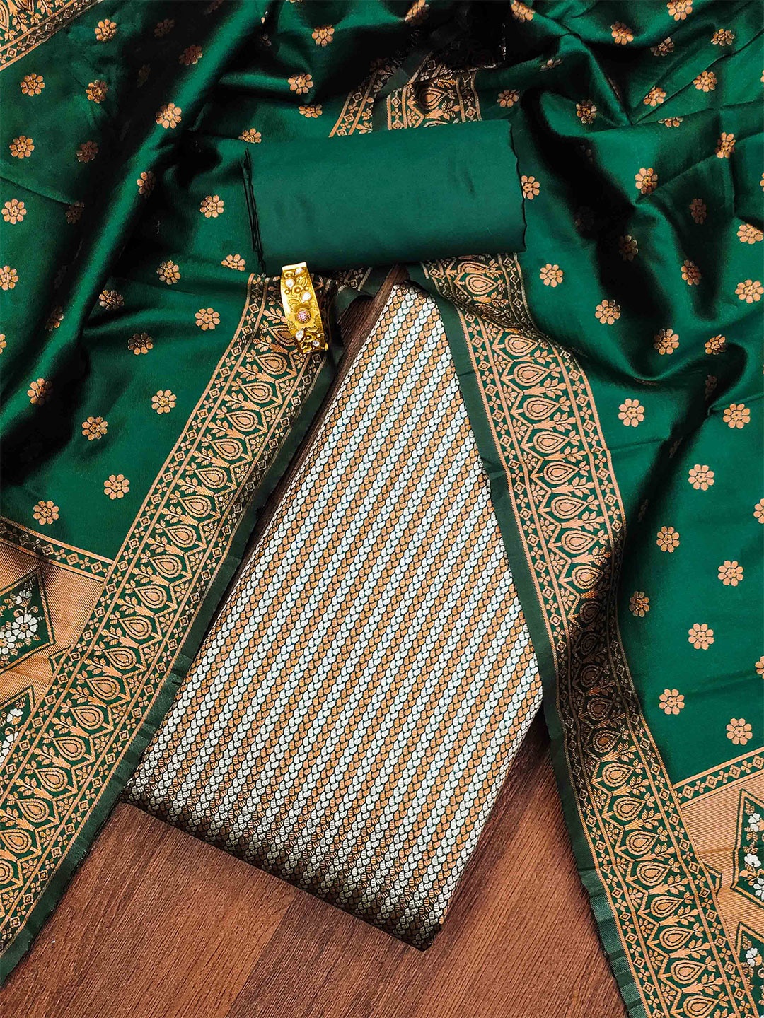 

KALINI Ethnic Motifs Woven Design Zari Unstitched Dress Material, Green