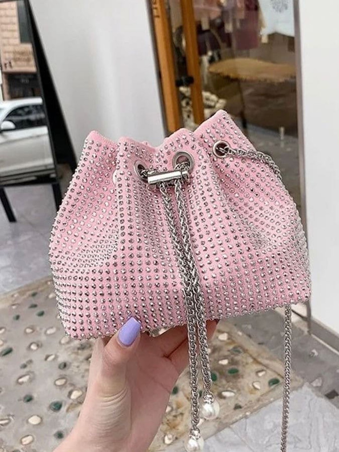 

StyleAsh Embellished Chain Bucket Hobo Bag, Pink