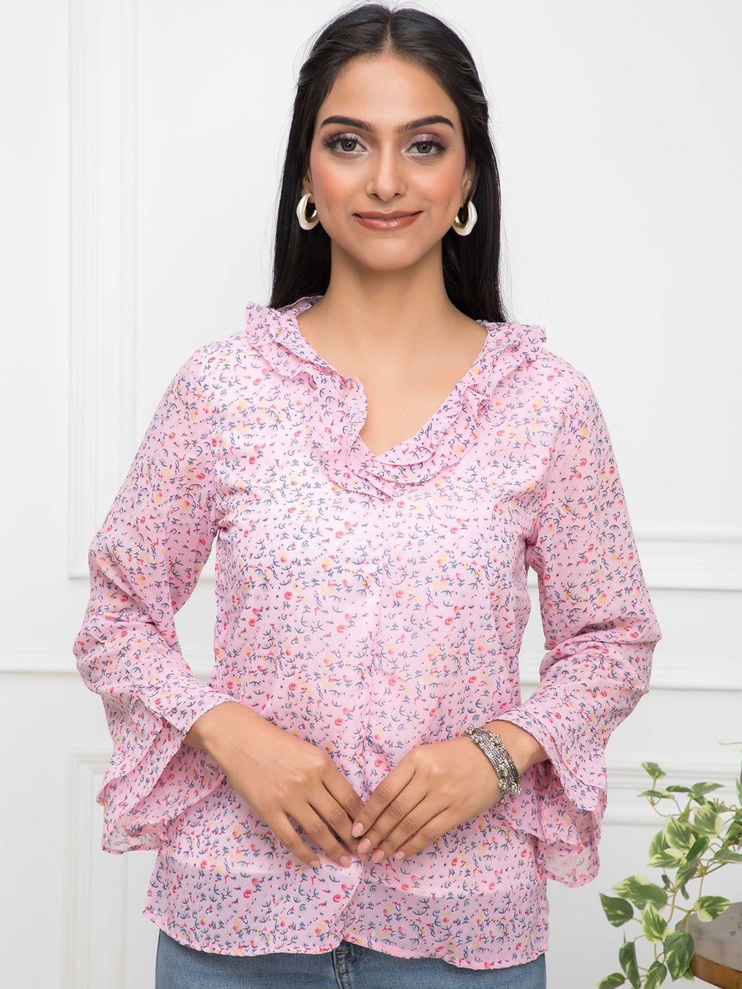 

DressBerry Pink Floral Printed Bell Sleeves Top