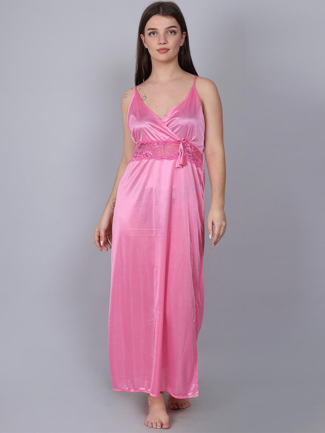 

XPIOX Shoulder Straps Satin Maxi Nightdress With Robe, Pink