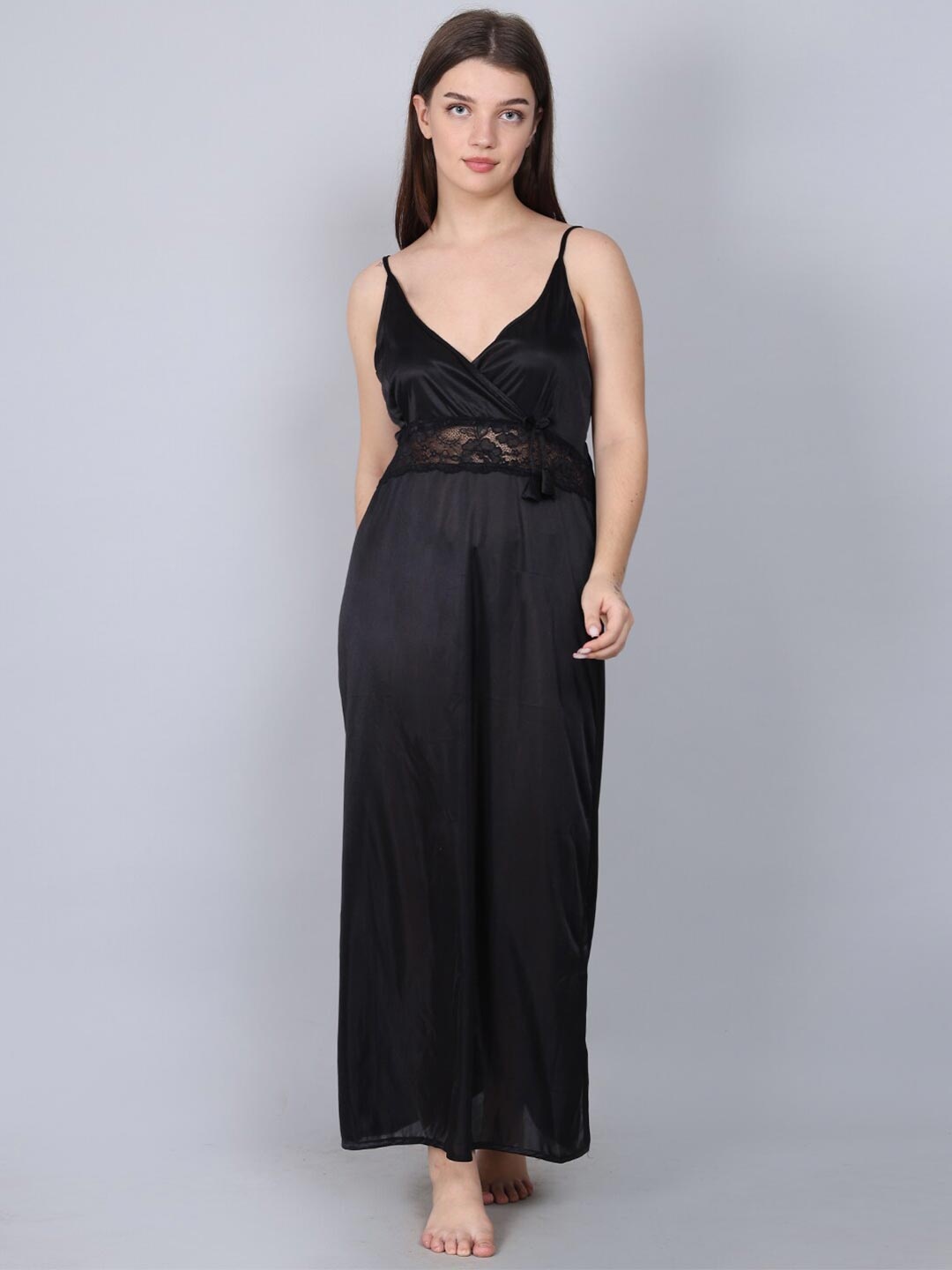 

XPIOX Shoulder Straps Satin Maxi Nightdress With Robe, Black
