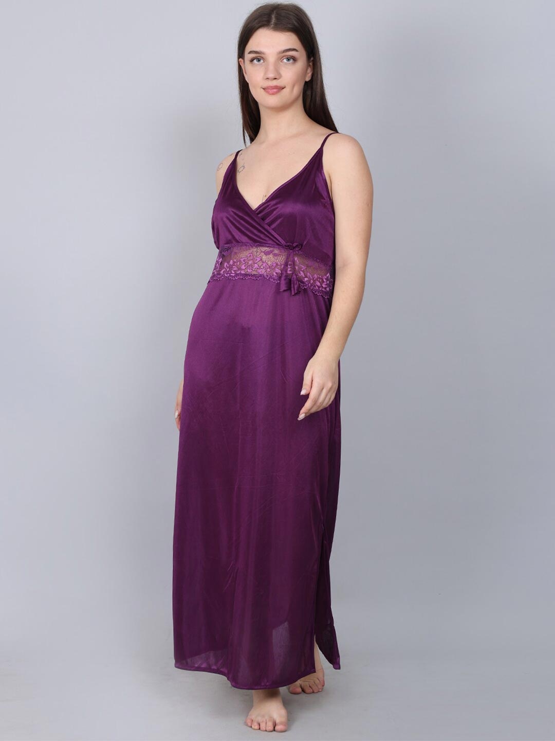 

XPIOX Shoulder Straps Satin Maxi Nightdress With Robe, Purple