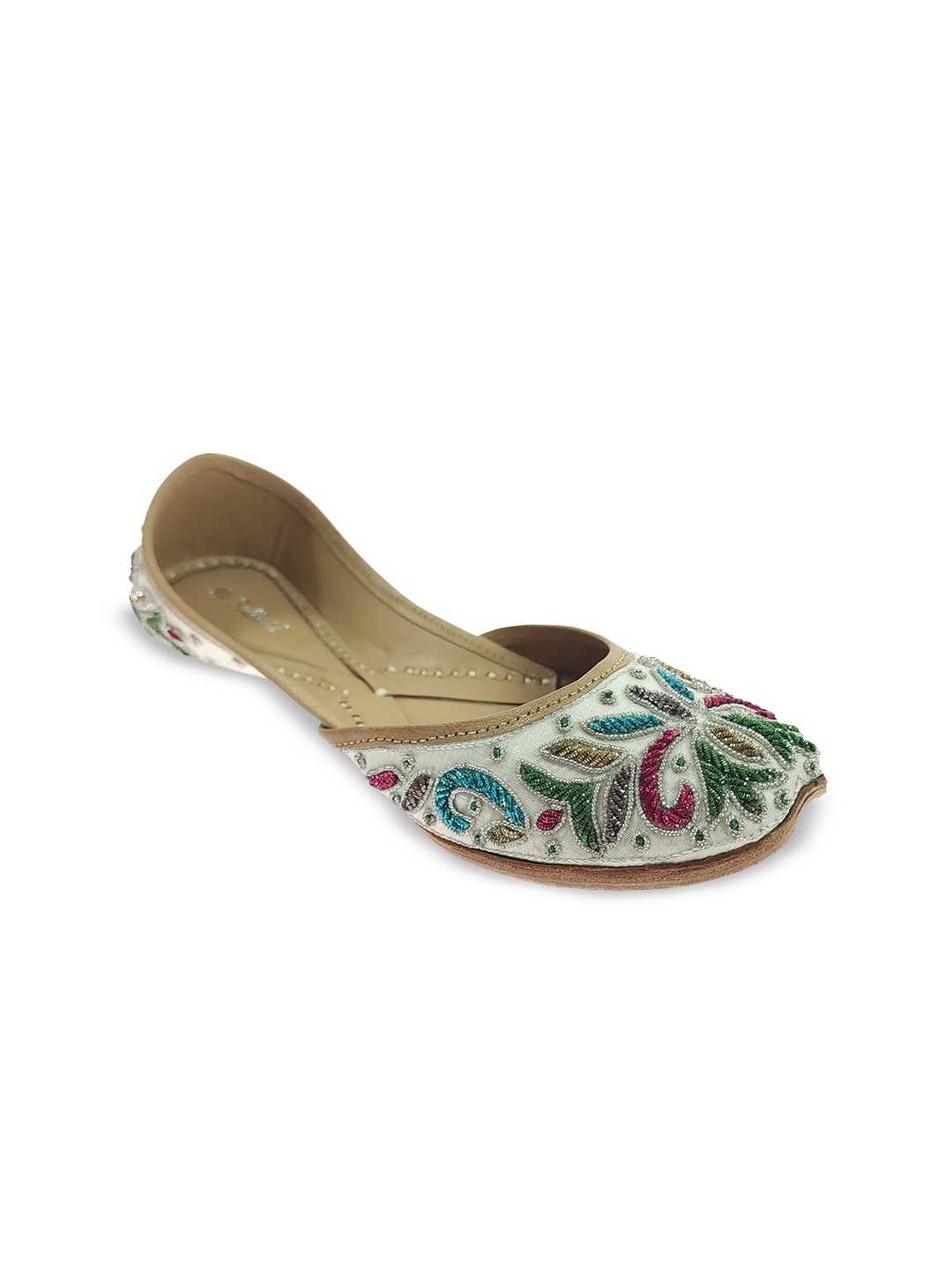 

Fulkari Women Embellished Ethnic Leather Mojaris, Silver