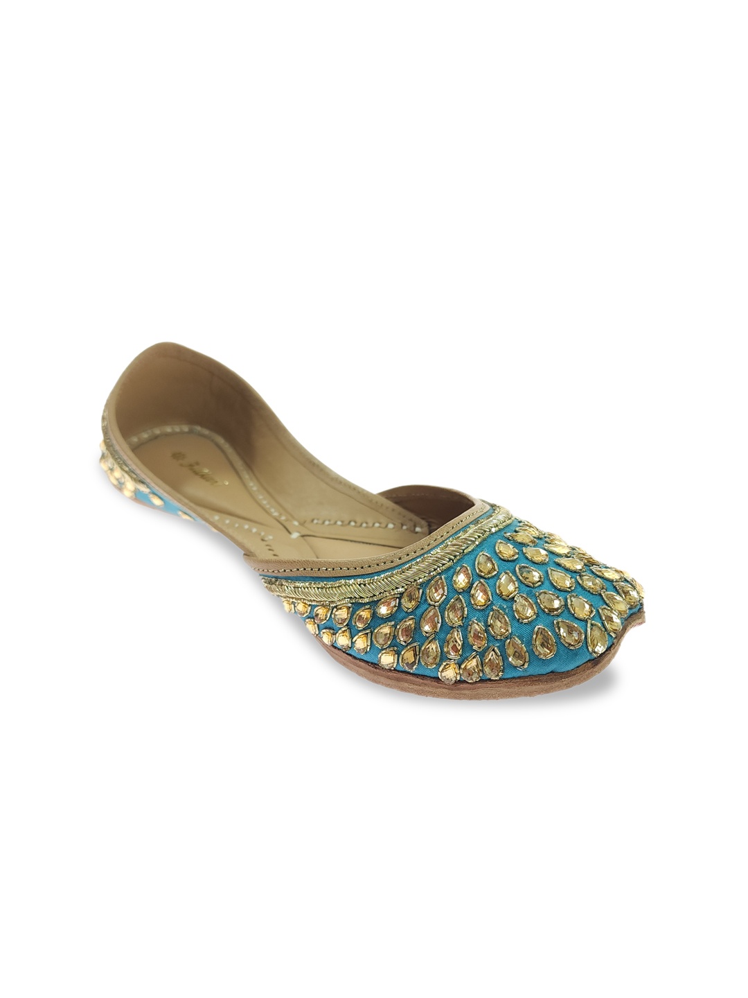 

Fulkari Women Embellished Ethnic Leather Mojaris, Turquoise blue