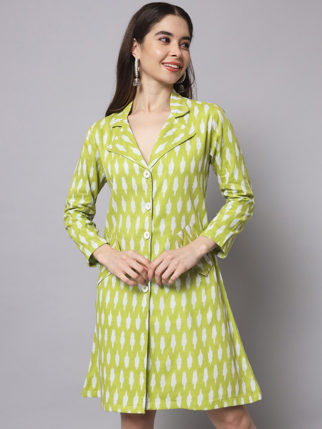 

Sangria Abstract Printed Cotton Blazer Dress, Green