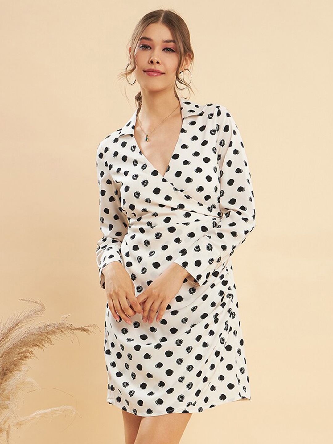 

KASSUALLY Black & White Polka Dot Printed Wrap Mini Dress