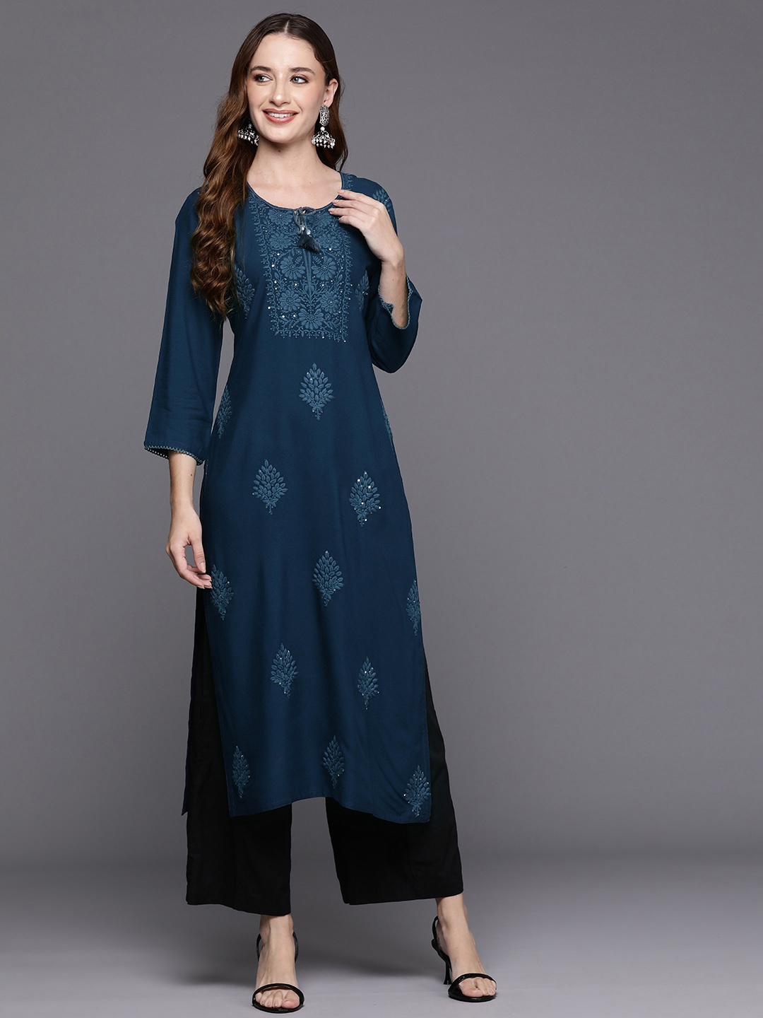 

Indo Era Floral Embroidered Sequinned Tie-Up Neck Kurta, Navy blue