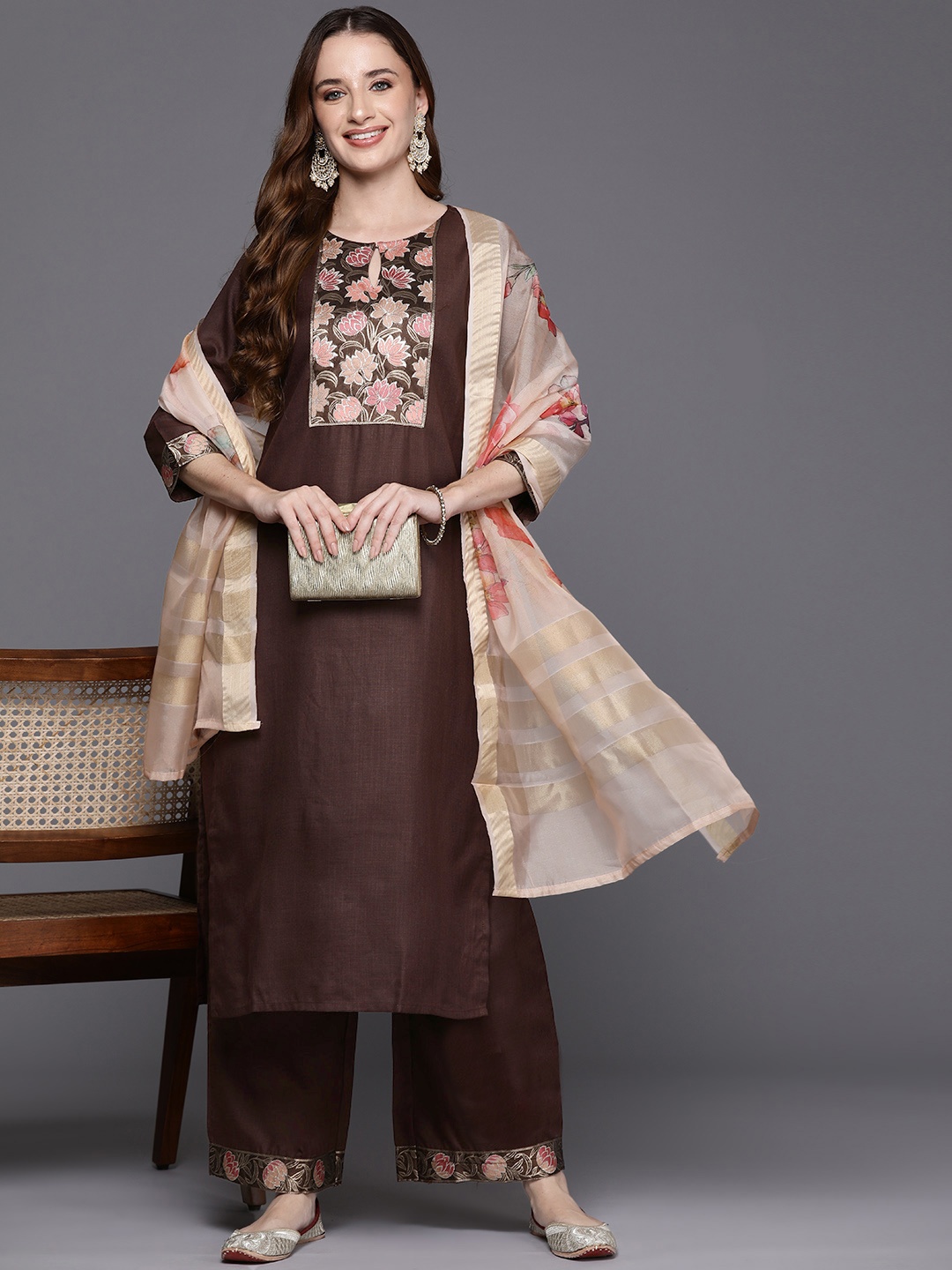 

Indo Era Floral Yoke Design Brocade Zari Pure Cotton Kurta with Palazzos & Dupatta, Brown