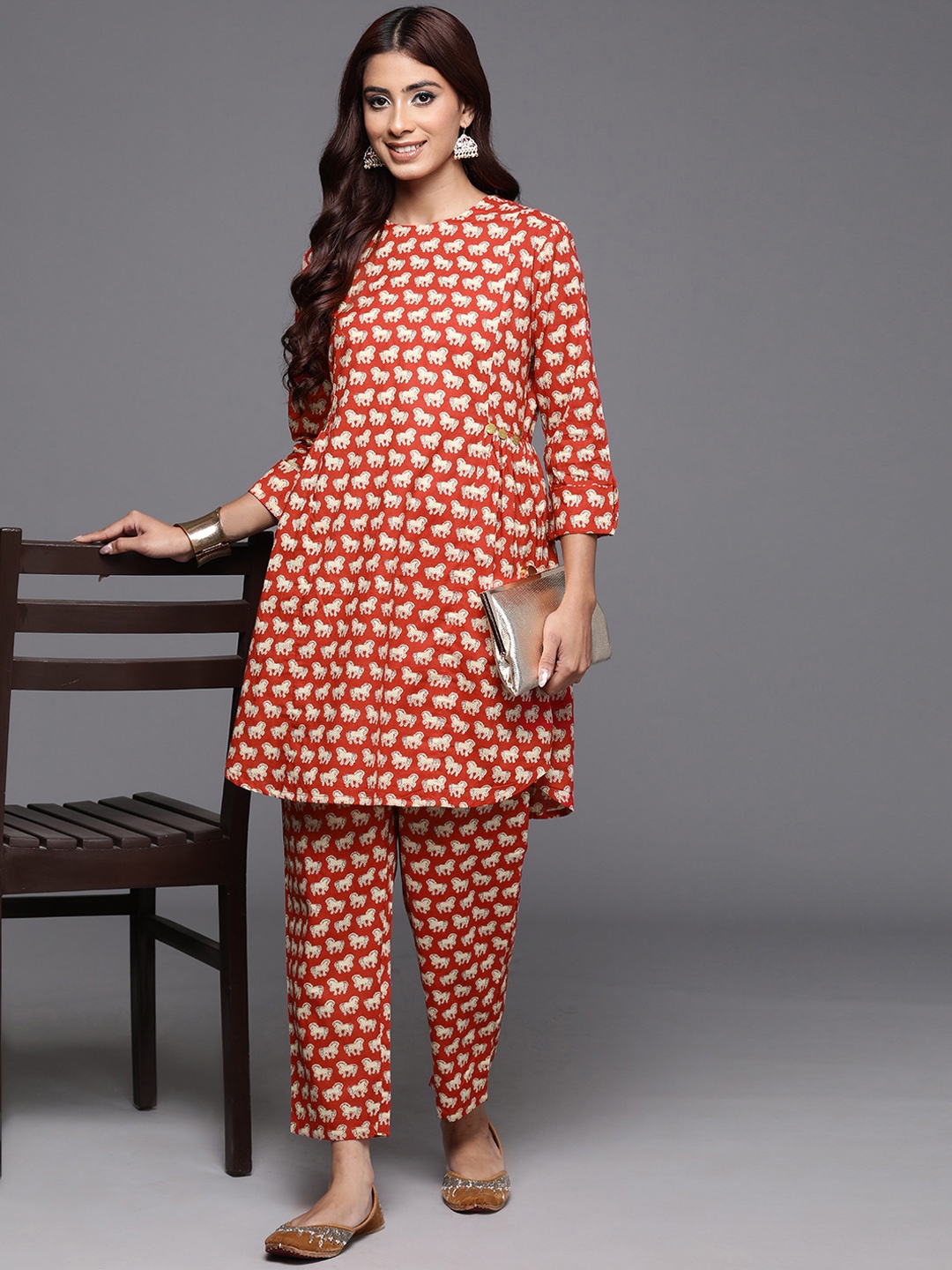 

Indo Era Women Printed Pure Cotton Ethnic Co-Ords, Red