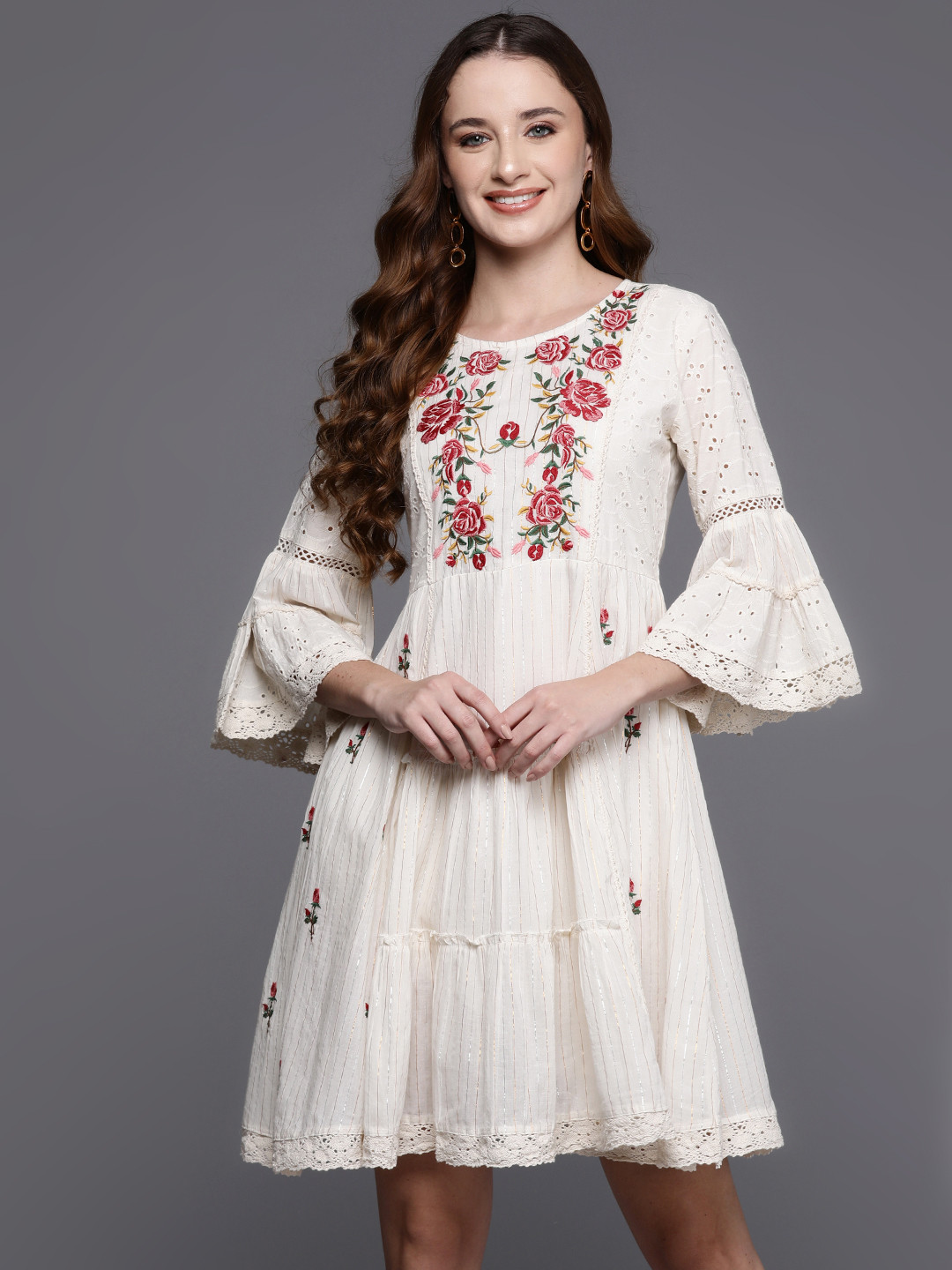 

Indo Era Floral Embroidered Bell Sleeves A-Line Dress, Off white