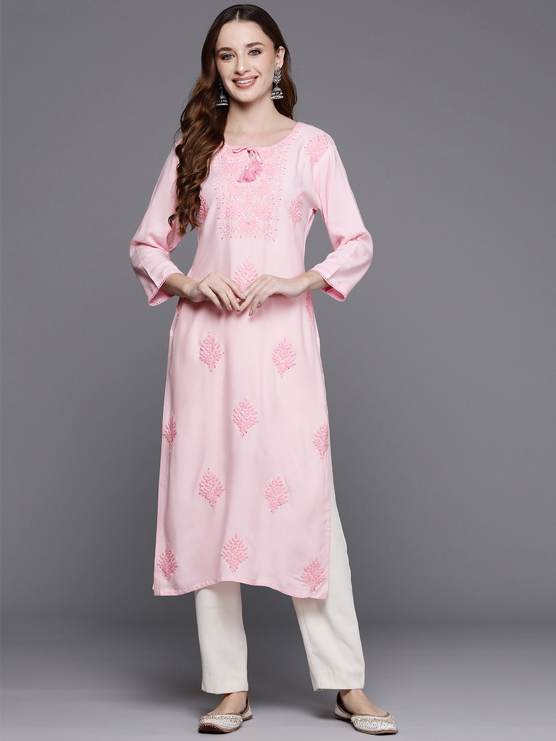 

Indo Era Floral Embroidered Tie-Up Neck Thread Work Floral Kurta, Pink