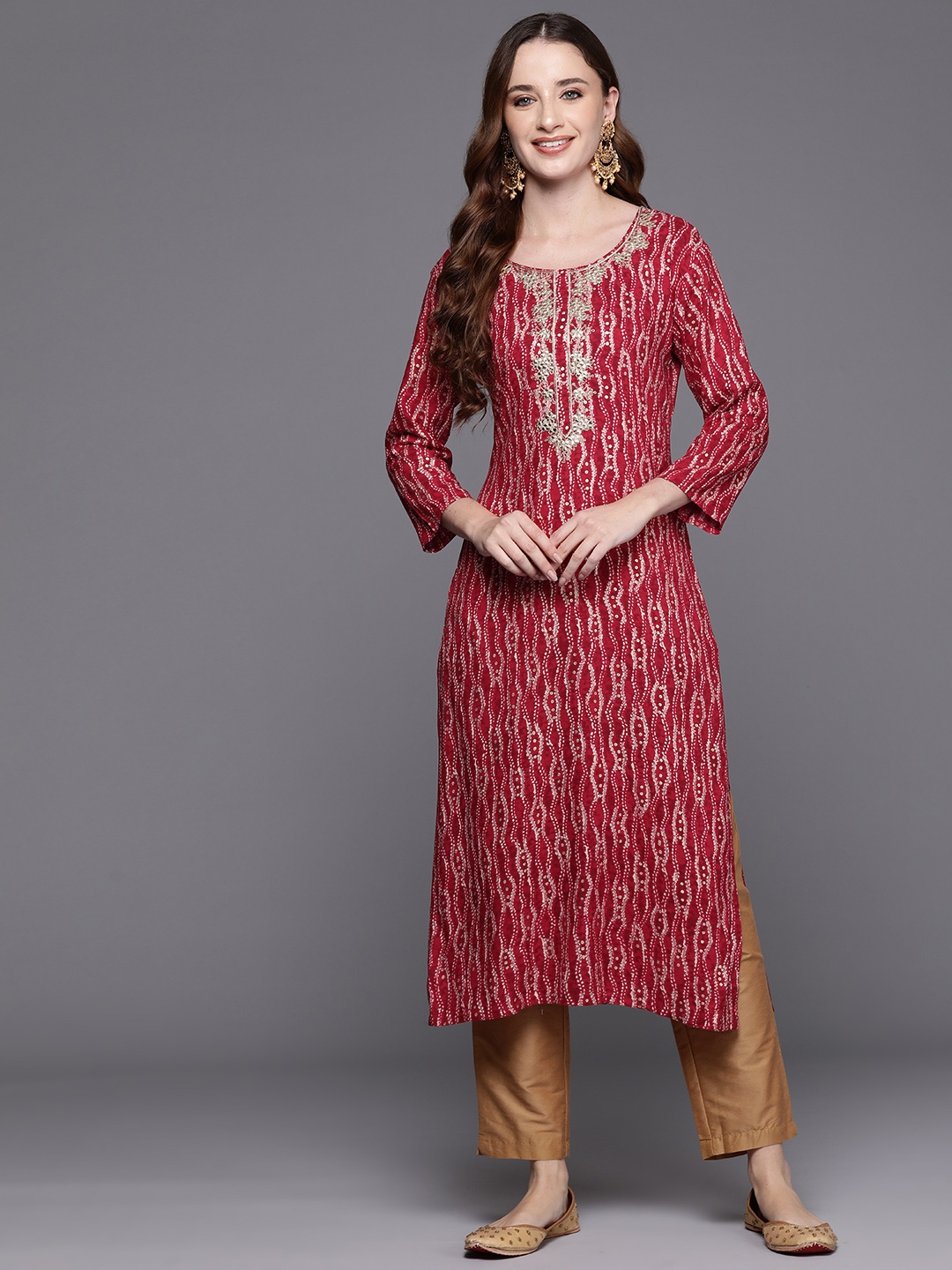 

Indo Era Bandhani Printed Gotta Patti Kurta, Red