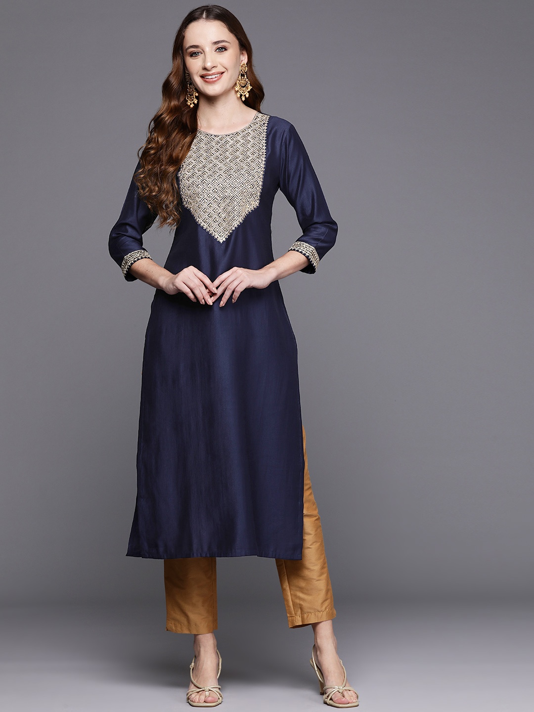 

Indo Era Ethnic Motifs Yoke Design Sequinned Liva Kurta, Navy blue