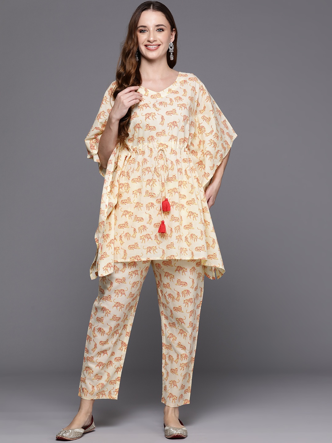 

Indo Era Women Printed Pure Cotton Tunic with Trousers, Yellow