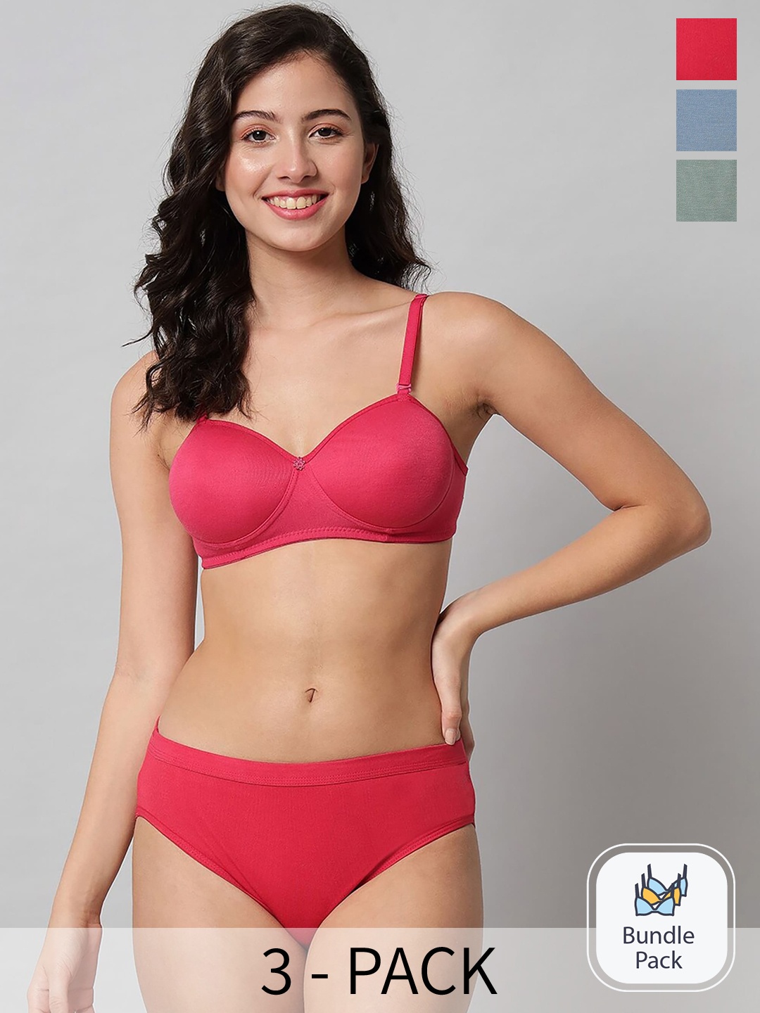 

AROUSY Pack Of 3 Lightly Padded Cotton Lingerie Set, Red