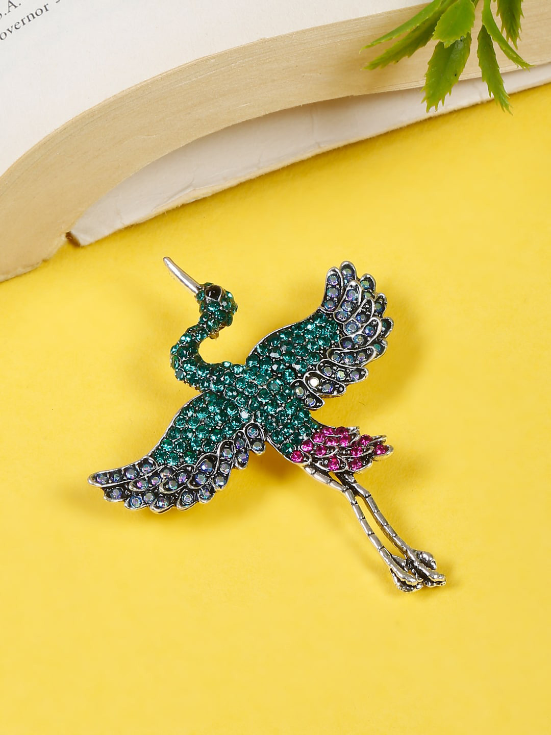 

YouBella Crystal-Studded Bird Brooch, Silver