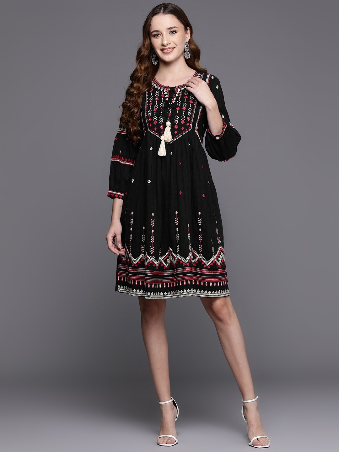 

Indo Bohemian Embroidered Tie-Up Neck Puff Sleeves A-Line Dress, Black