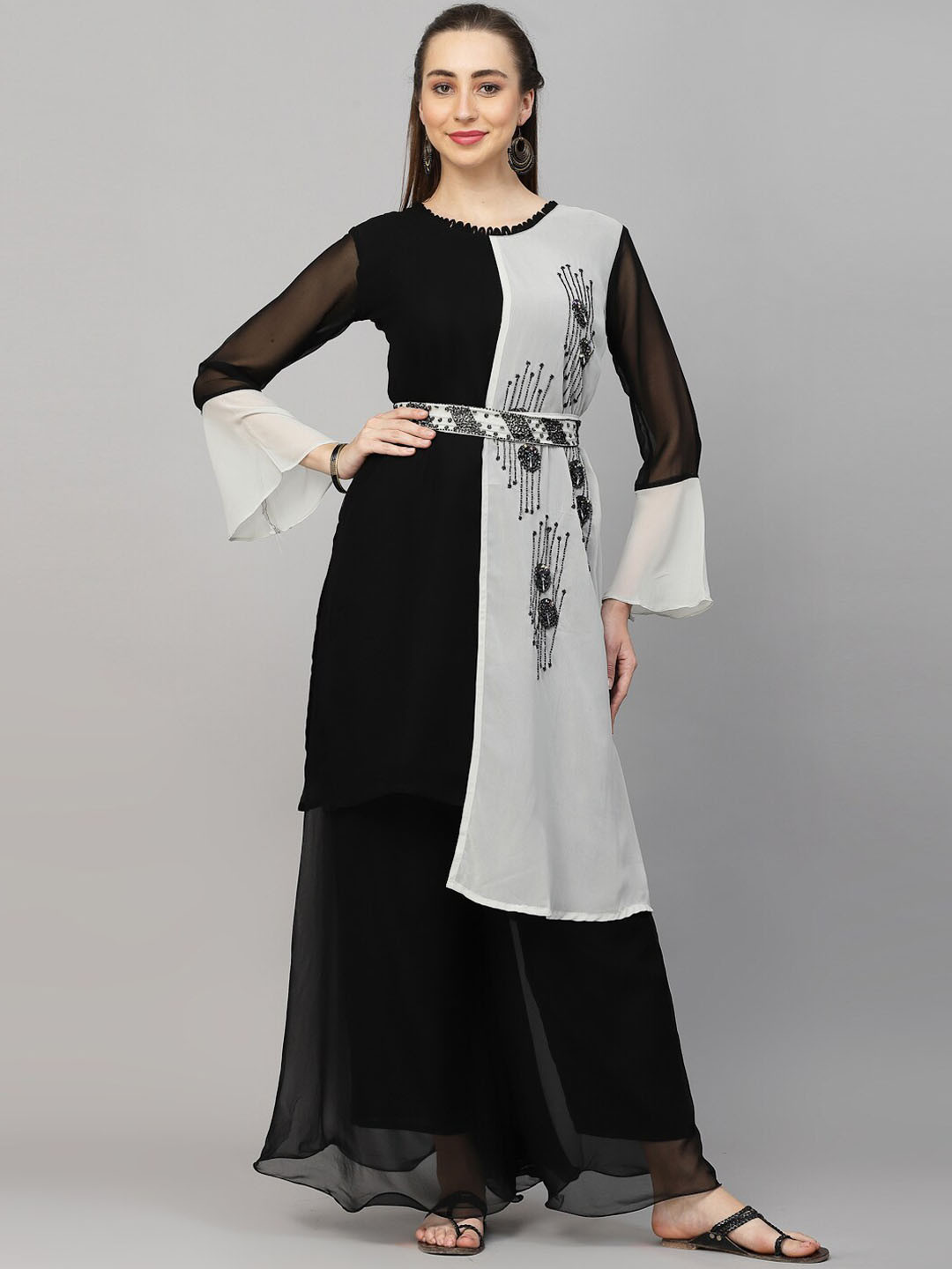 

KALINI Embroidered Regular Beads and Stones Kurta With Sharara, Black