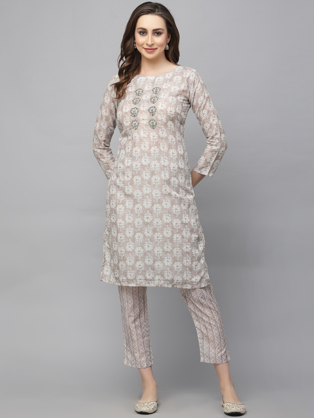 

KALINI Floral Printed Beads And Stones Regular Kurta with Trousers, Brown