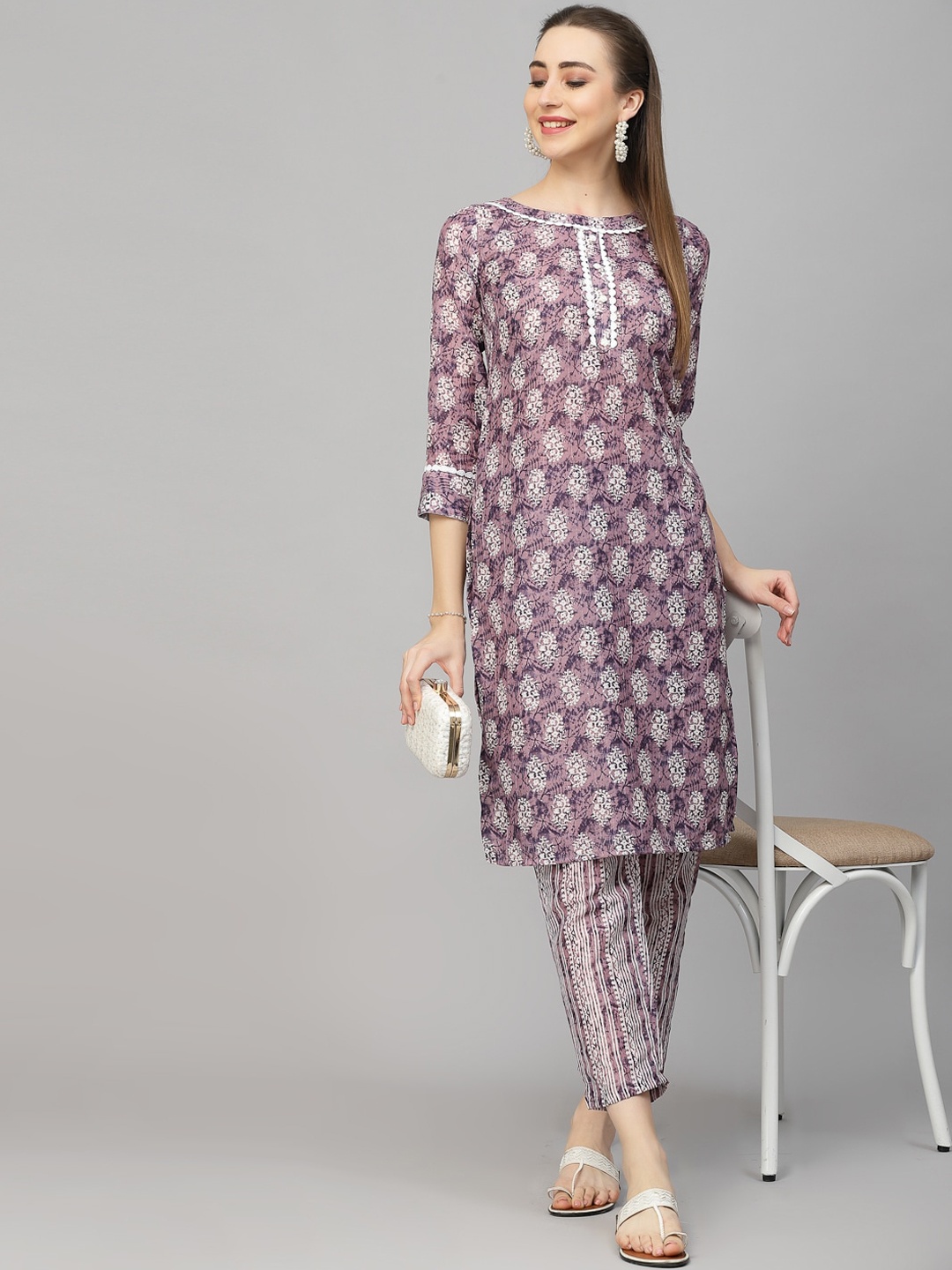 

KALINI Floral Printed Regular Kurta With Trousers, Purple