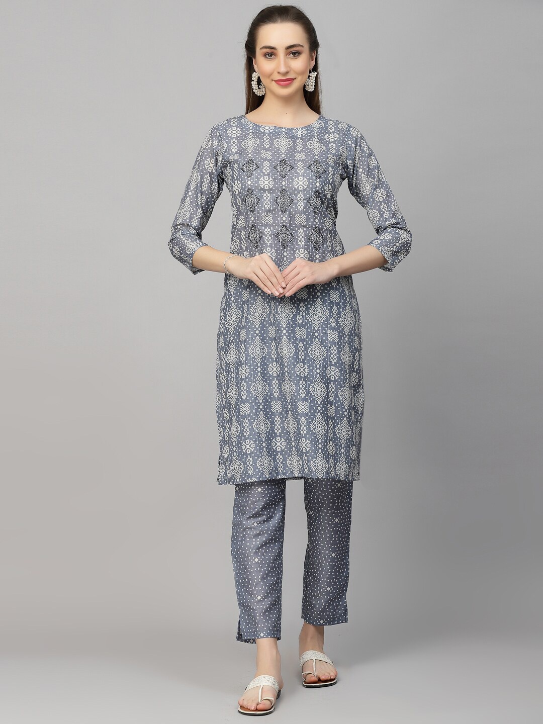 

KALINI Ethnic Motifs Printed Beads And Stones Kurta with Trousers, Grey