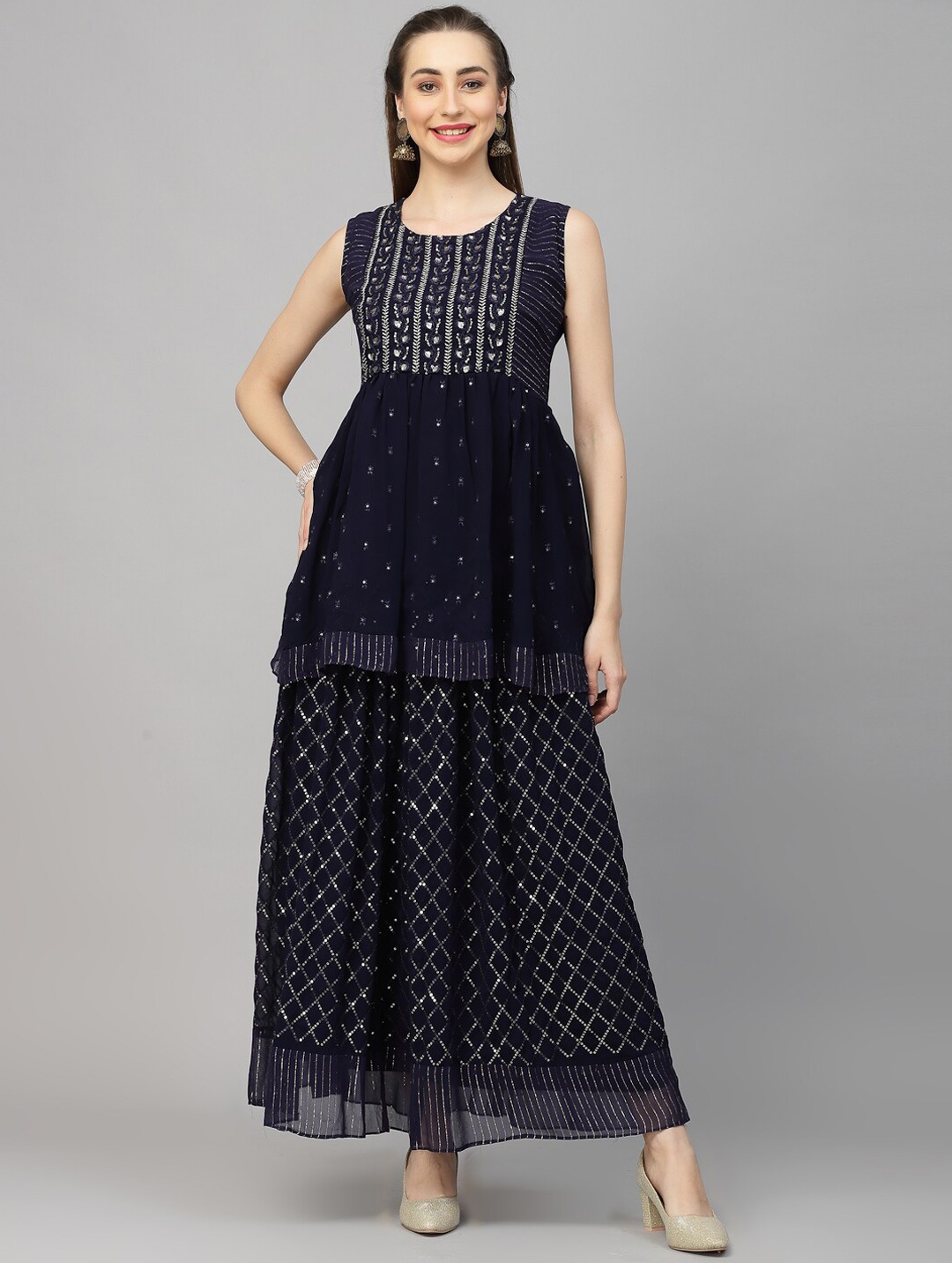 

KALINI Ethnic Motifs Yoke Design Sequinned Kurti With Sharara & Dupatta, Navy blue