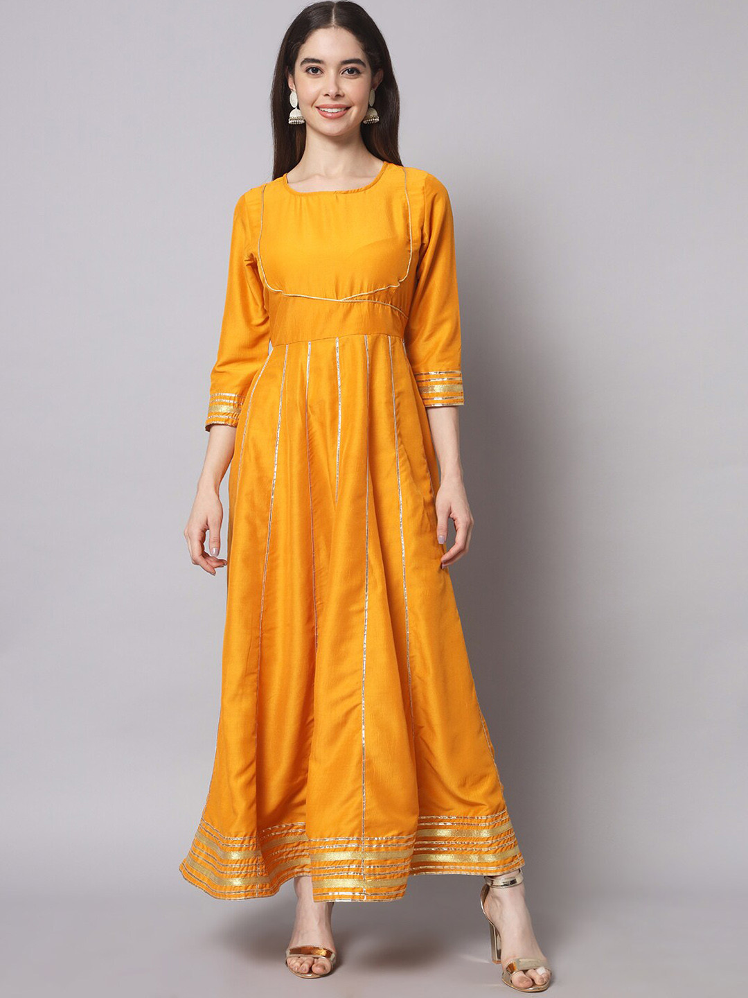 

Sangria Mustard Striped Silk Anarkali Ethnic Dress