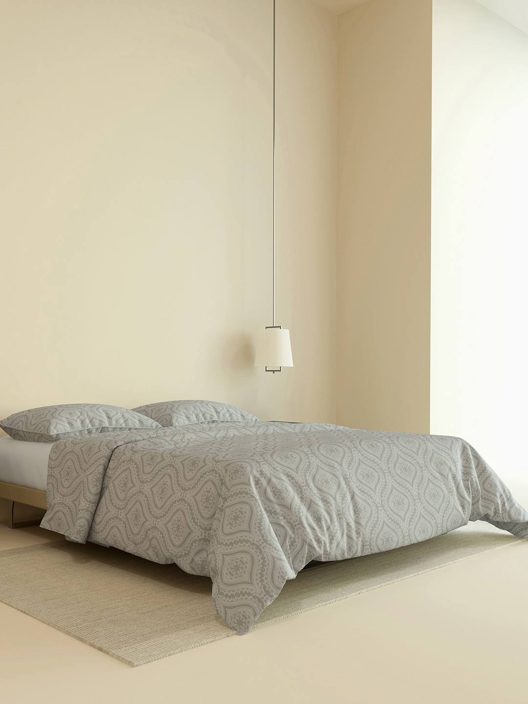 LABHAM Grey Melange Ethnic Motifs Pure Cotton 350 TC King Bedsheet with 2 Pillow Covers