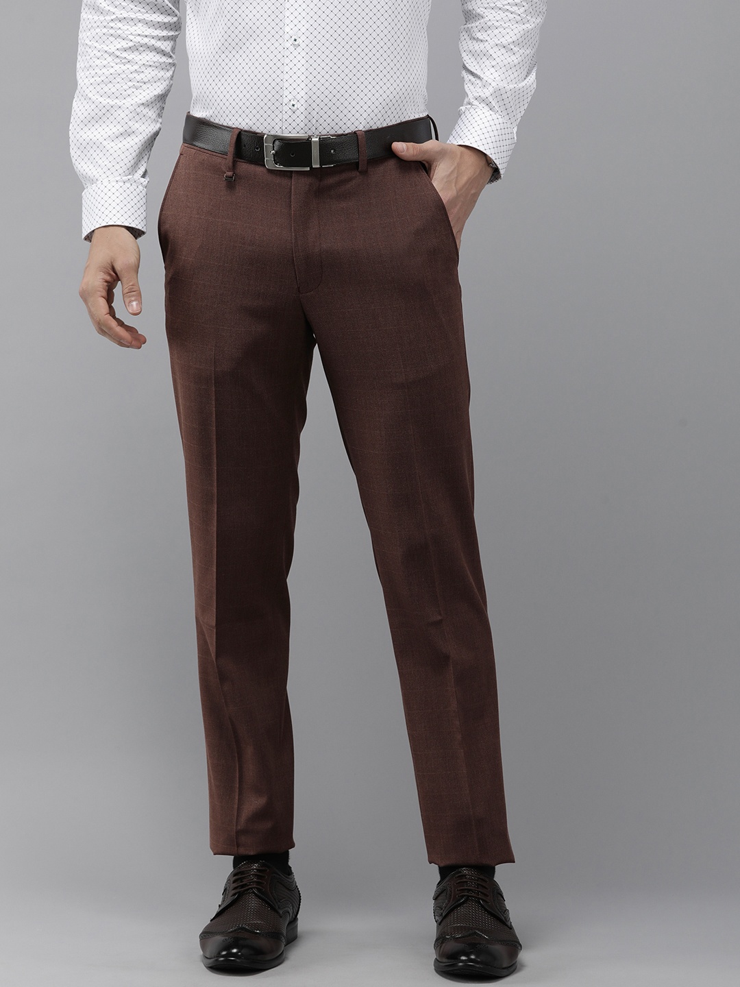 

Van Heusen Men Self Design Textured Slim Fit Formal Trousers, Brown