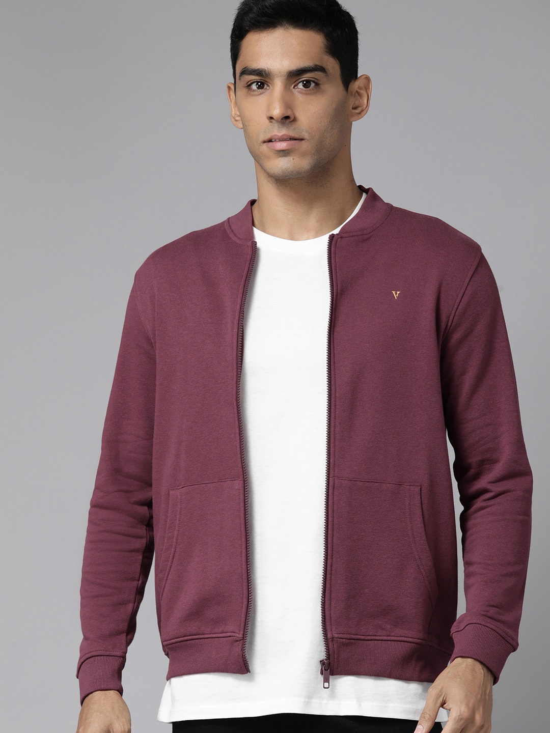

Van Heusen Men Slim Fit Solid Stand Collar Front-Open Sweatshirt, Burgundy