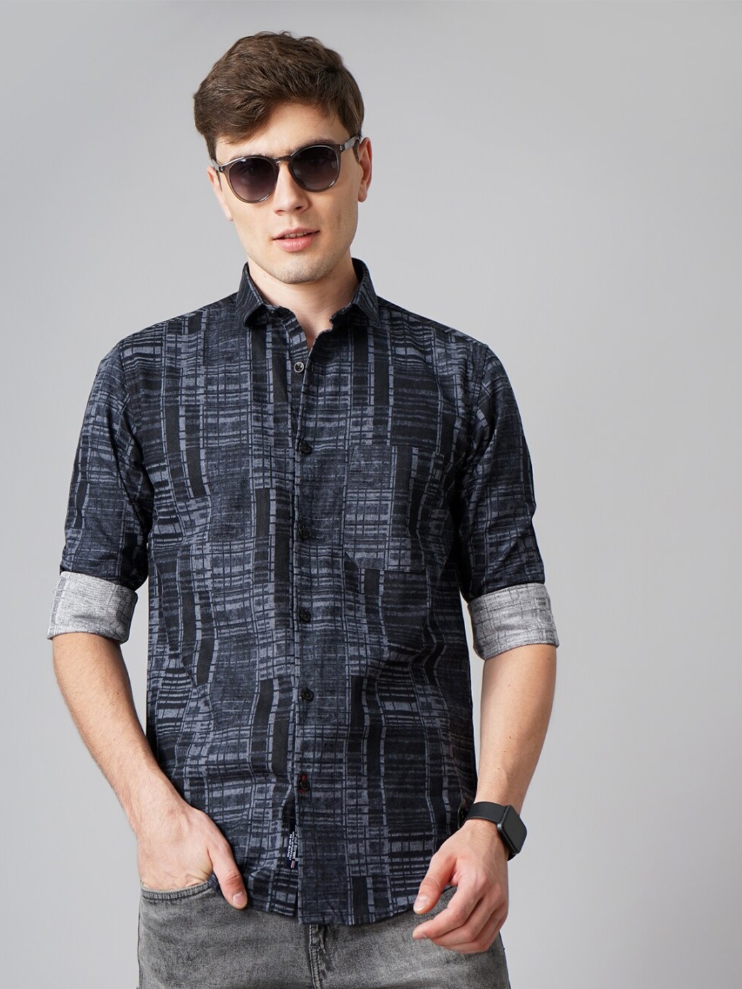 

PAUL STREET Standard Slim Fit Abstract Printed Cotton Casual Shirt, Black