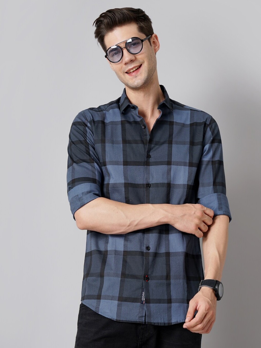 

PAUL STREET Standard Slim Fit Windowpane Checked Cotton Casual Shirt, Blue