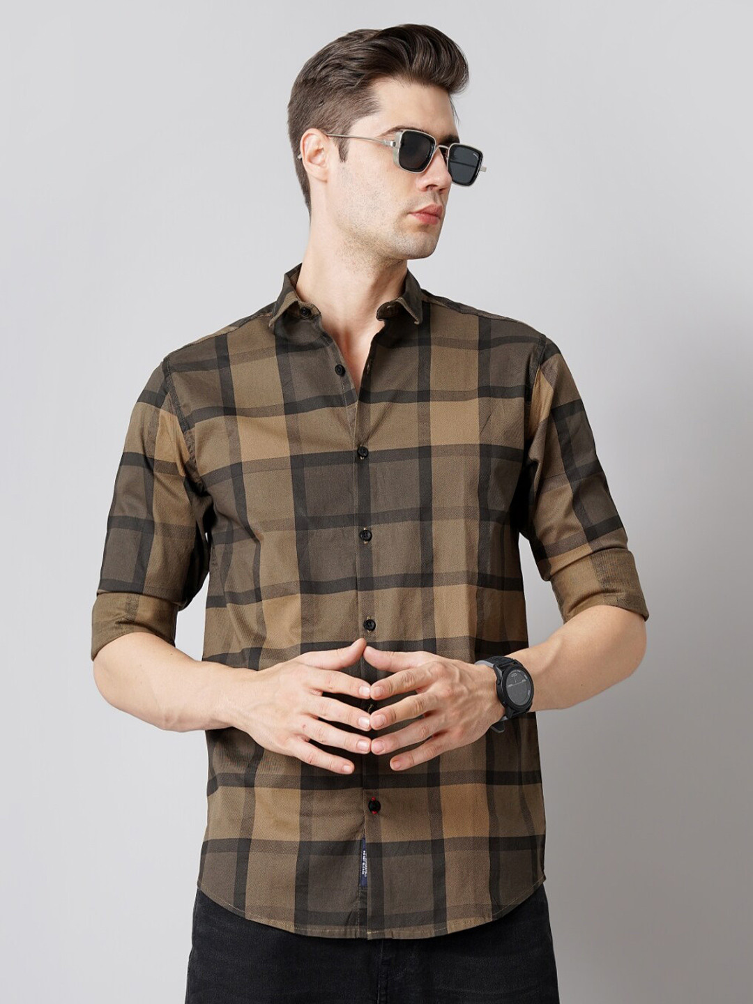 

PAUL STREET Standard Slim Fit Tartan Checked Spread Collar Cotton Casual Shirt, Brown