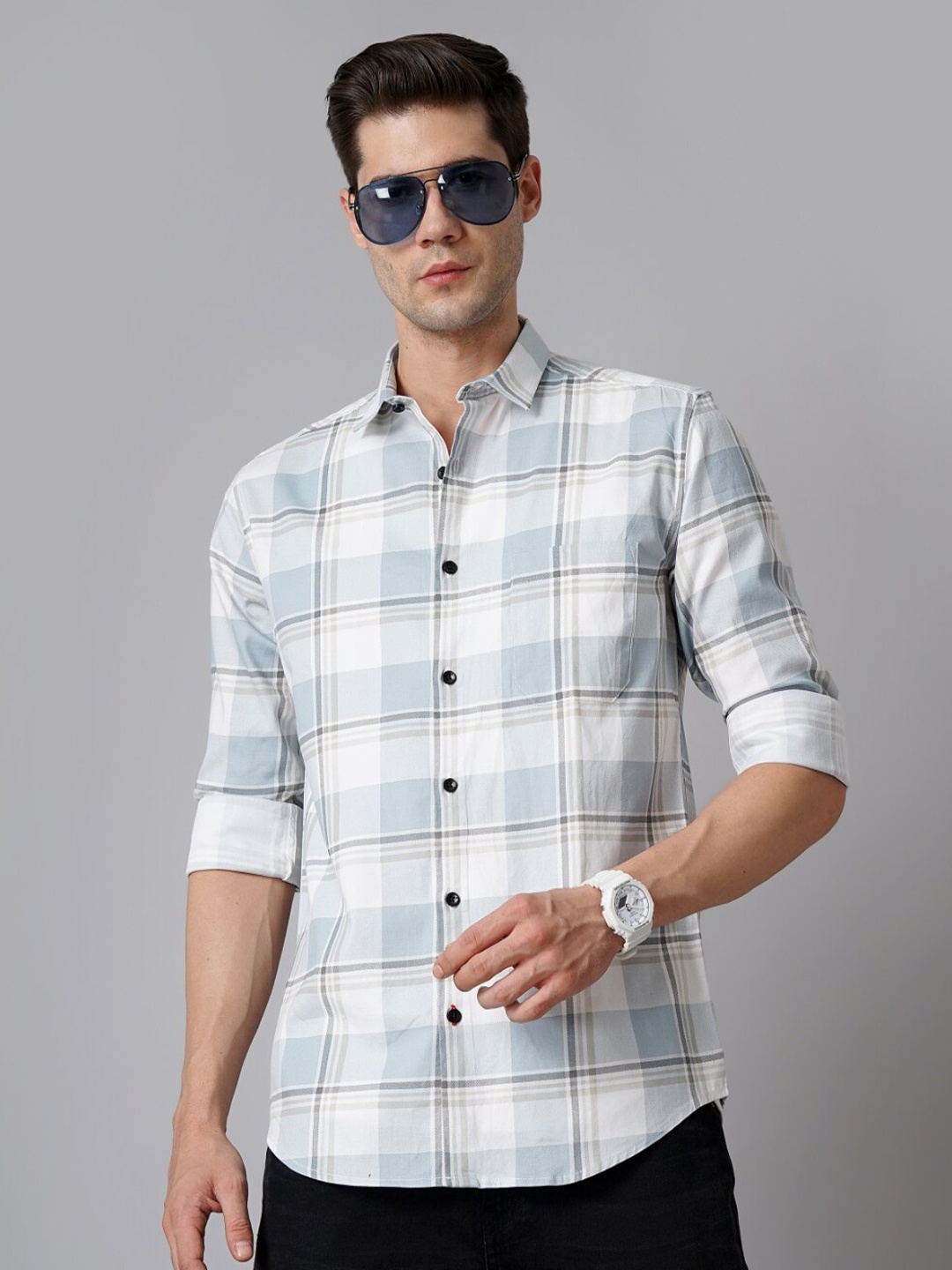 

PAUL STREET Standard Slim Fit Checked Spread Collar Cotton Casual Shirt, Blue