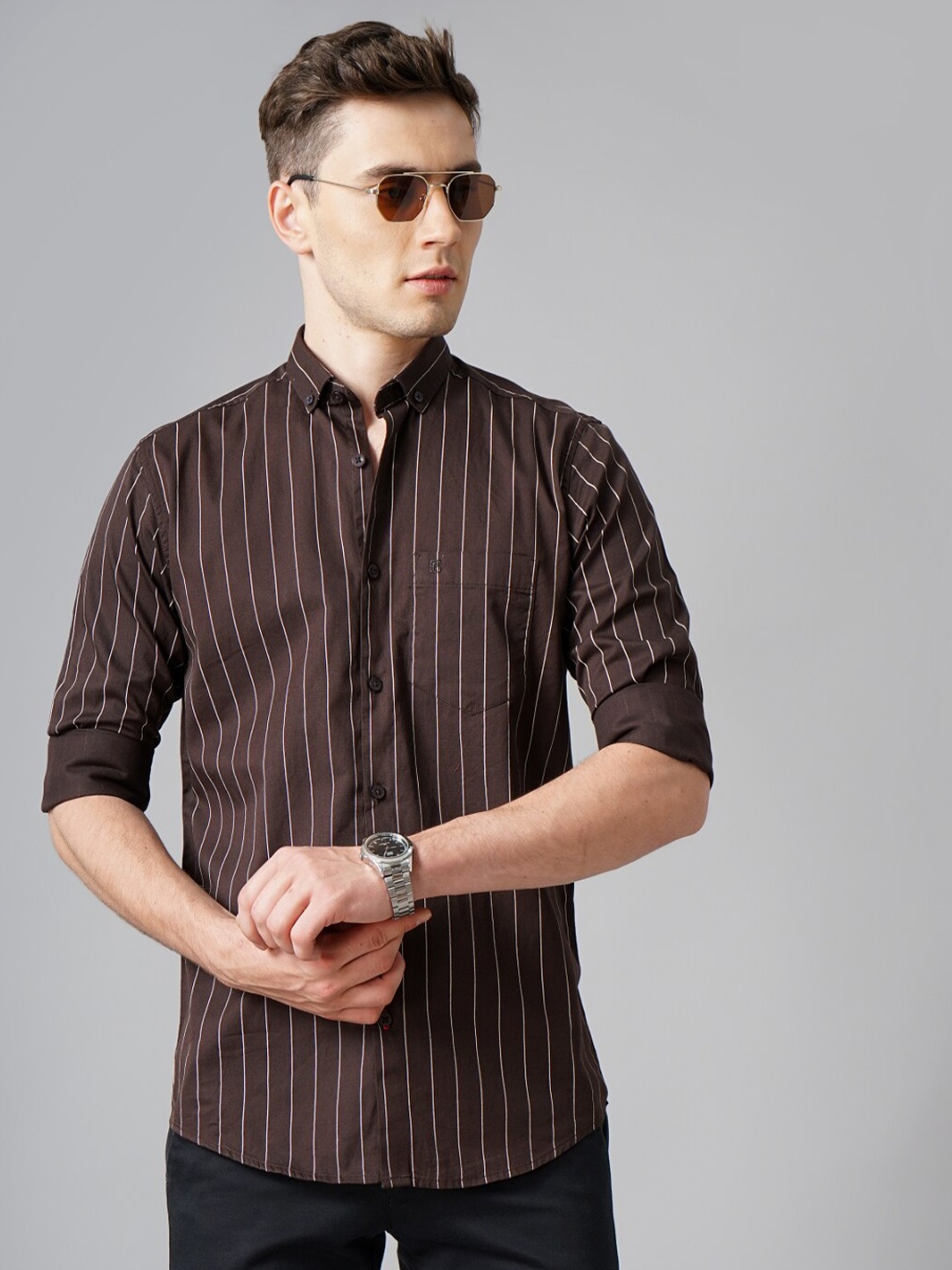 

PAUL STREET Standard Slim Fit Vertical Striped Button-Down Collar Cotton Casual Shirt, Brown