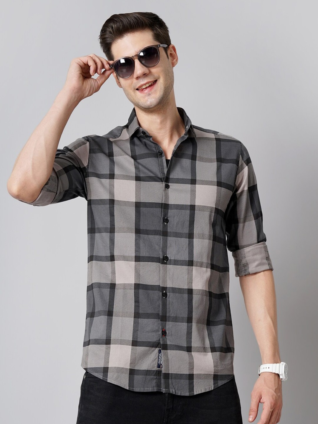 

PAUL STREET Standard Slim Fit Windowpane Checked Spread Collar Cotton Casual Shirt, Grey