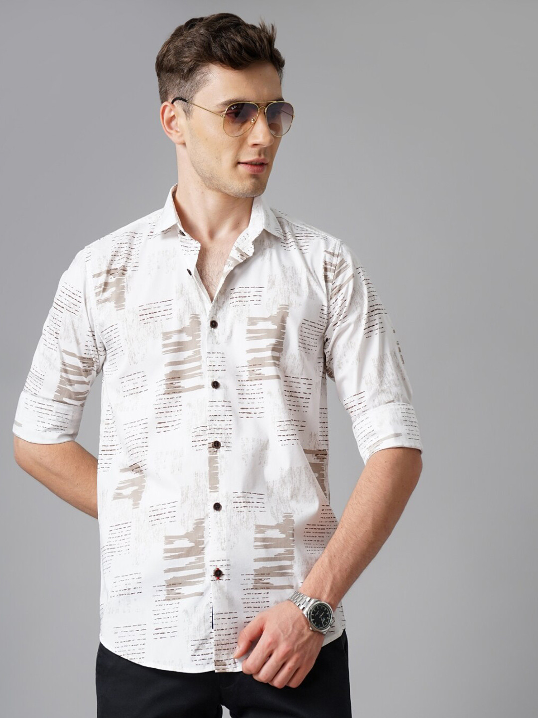 

PAUL STREET Standard Slim Fit Abstract Printed Spread Collar Casual Shirt, White