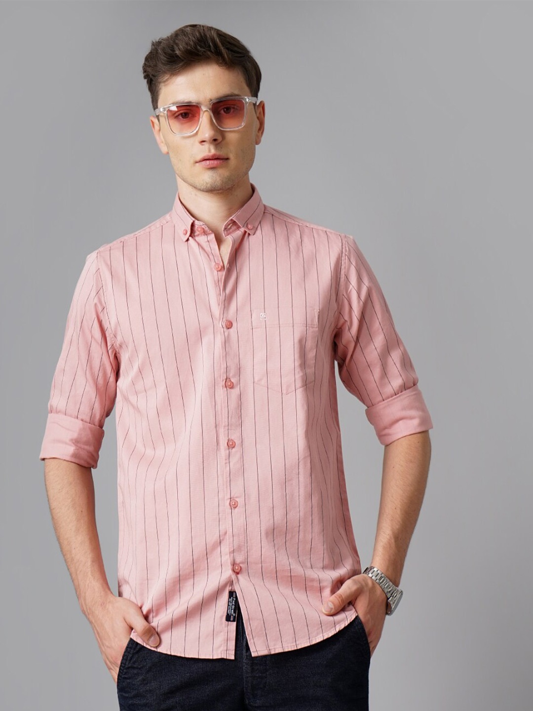 

PAUL STREET Standard Slim Fit Striped Button-Down Collar Cotton Casual Shirt, Pink