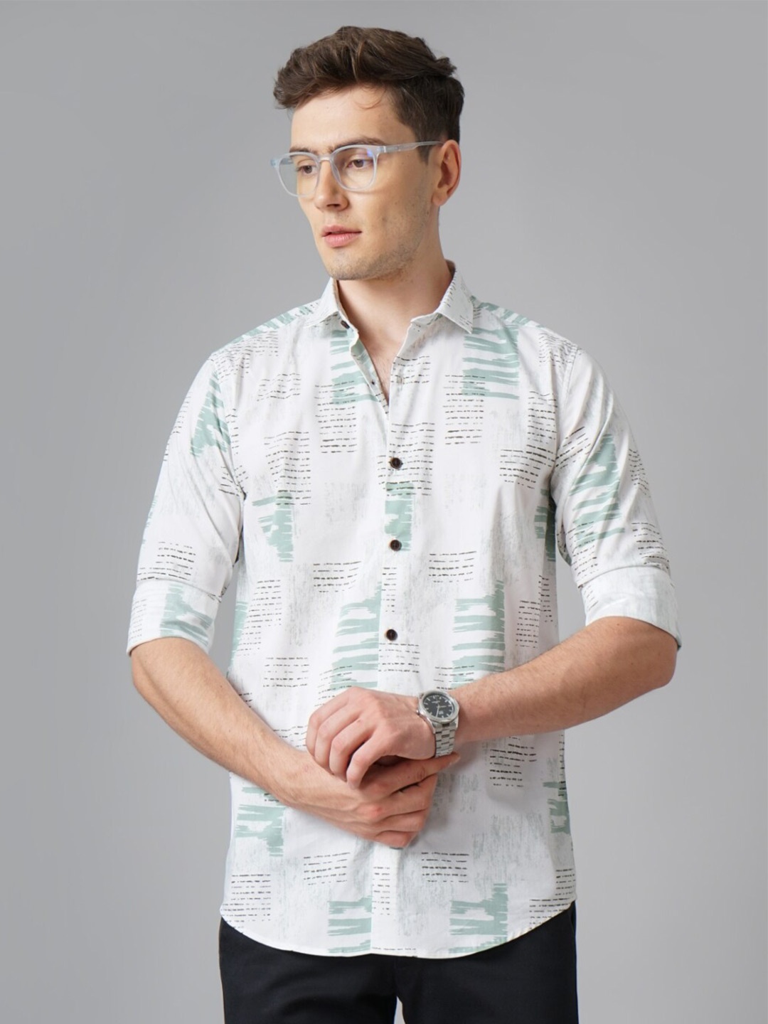

PAUL STREET Standard Slim Fit Abstract Printed Spread Collar Casual Shirt, White