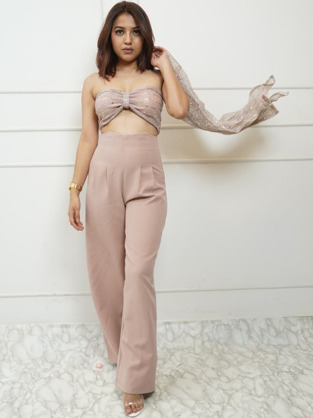 

StyleAsh Self Design Crop Top With Trouser & Shrug, Peach