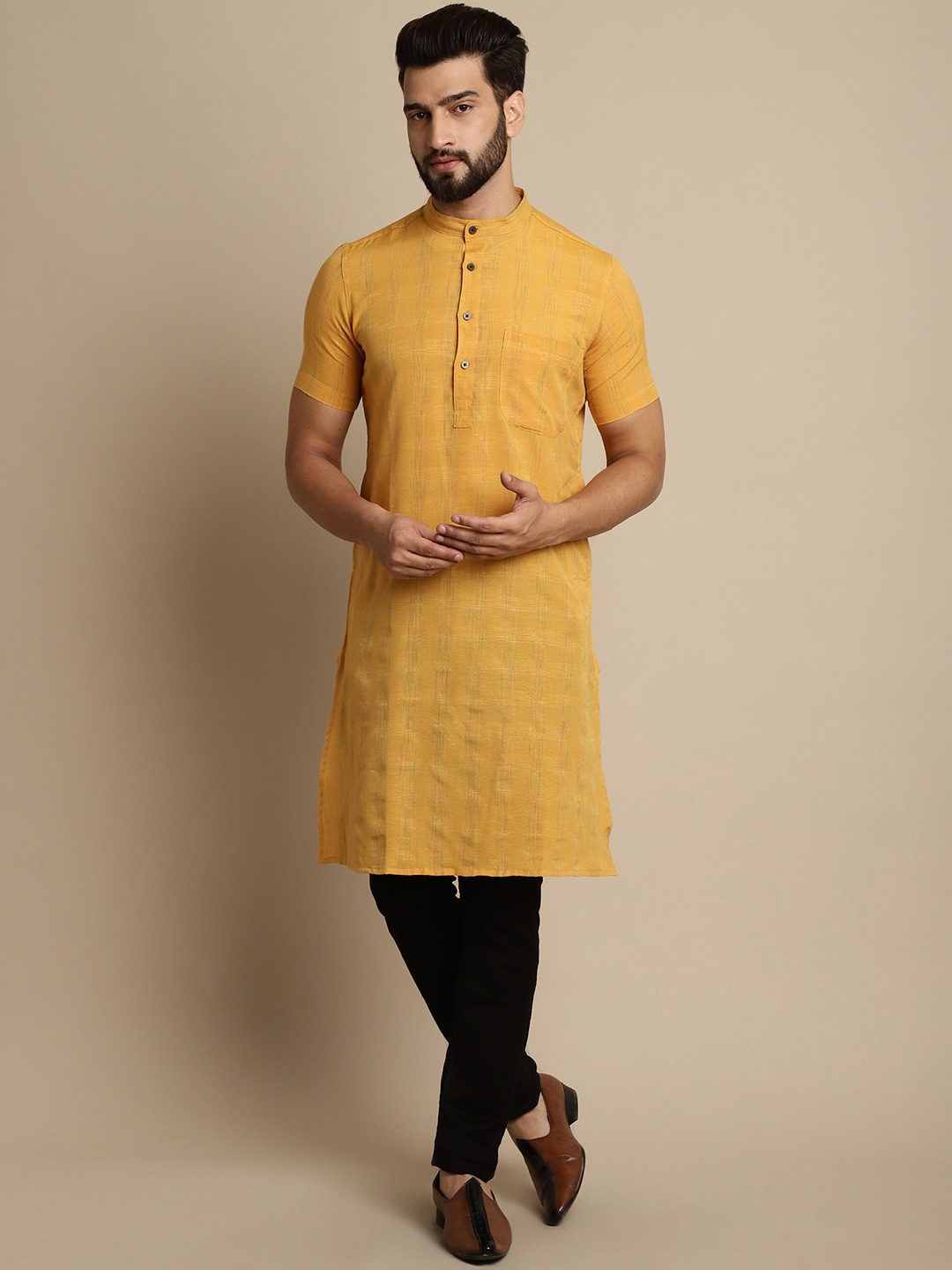 

even Checked Pure Cotton Band Collar Kurta, Yellow