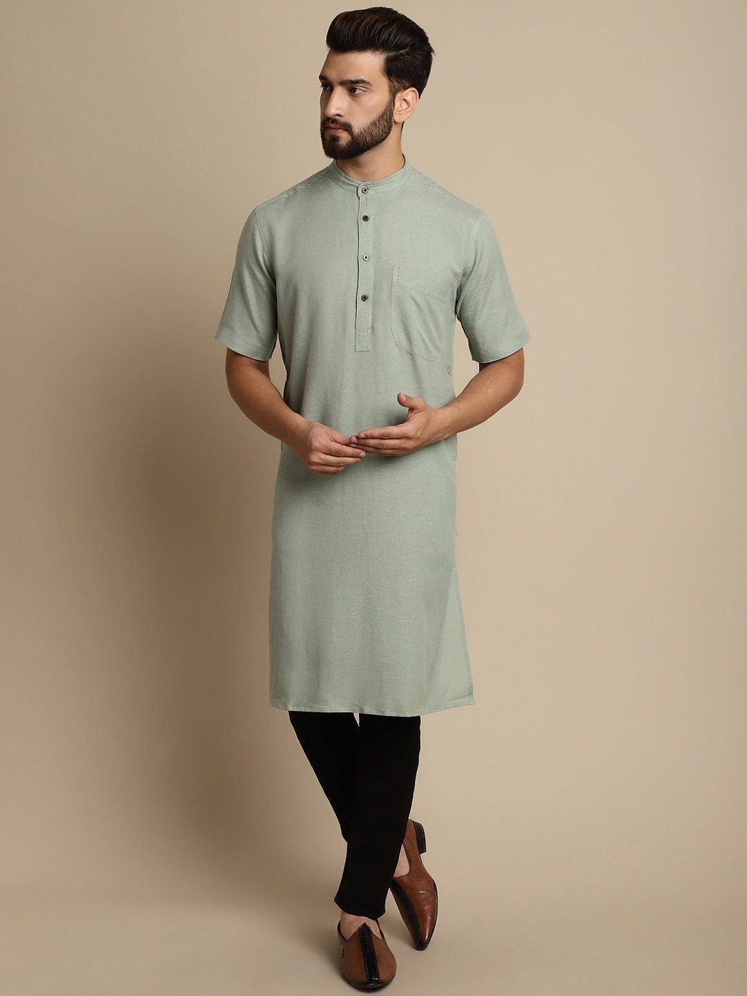 

even Pure Cotton Band Collar Kurta, Green